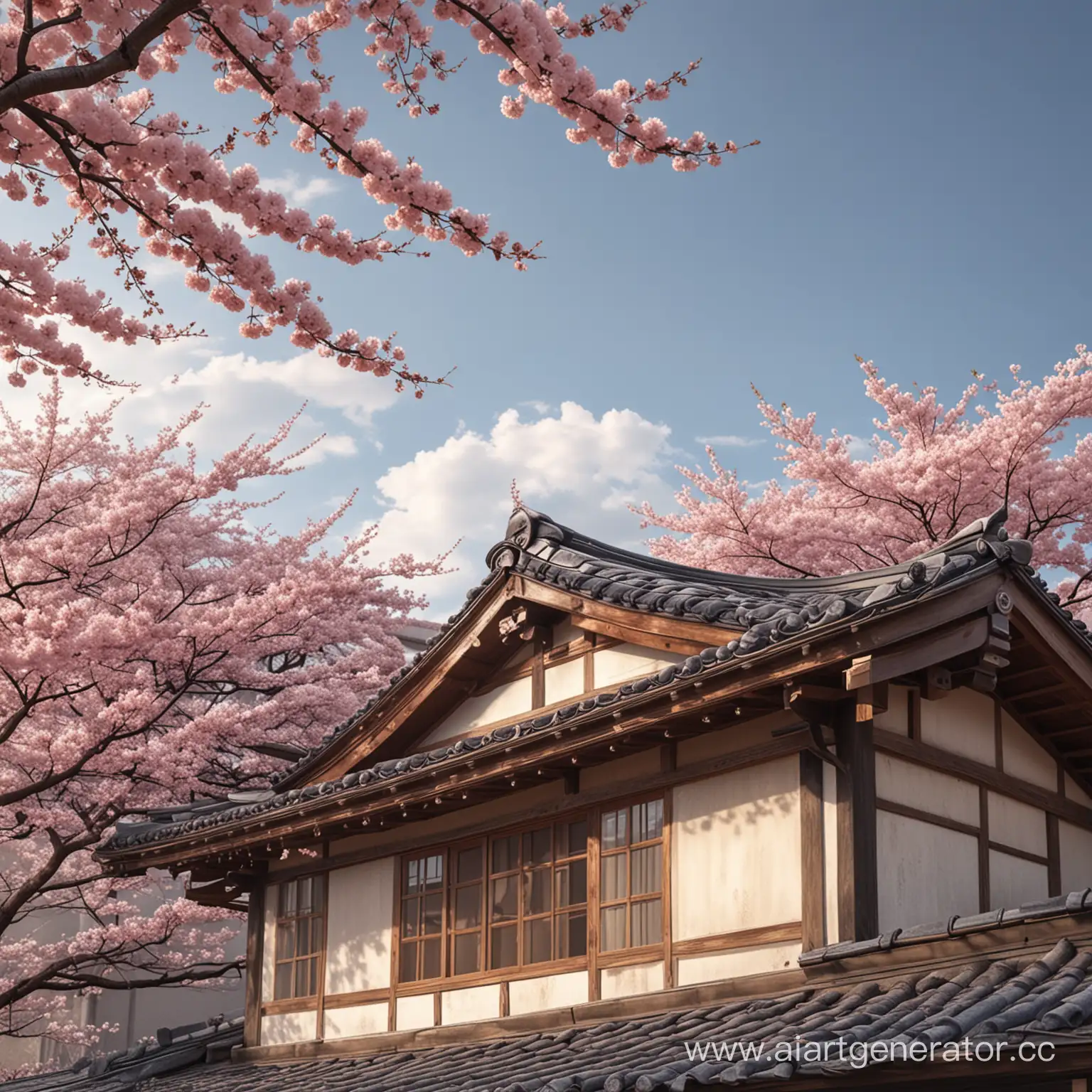 Japanese-Style-Building-with-Sakura-Branch-in-Photorealistic-Illustration