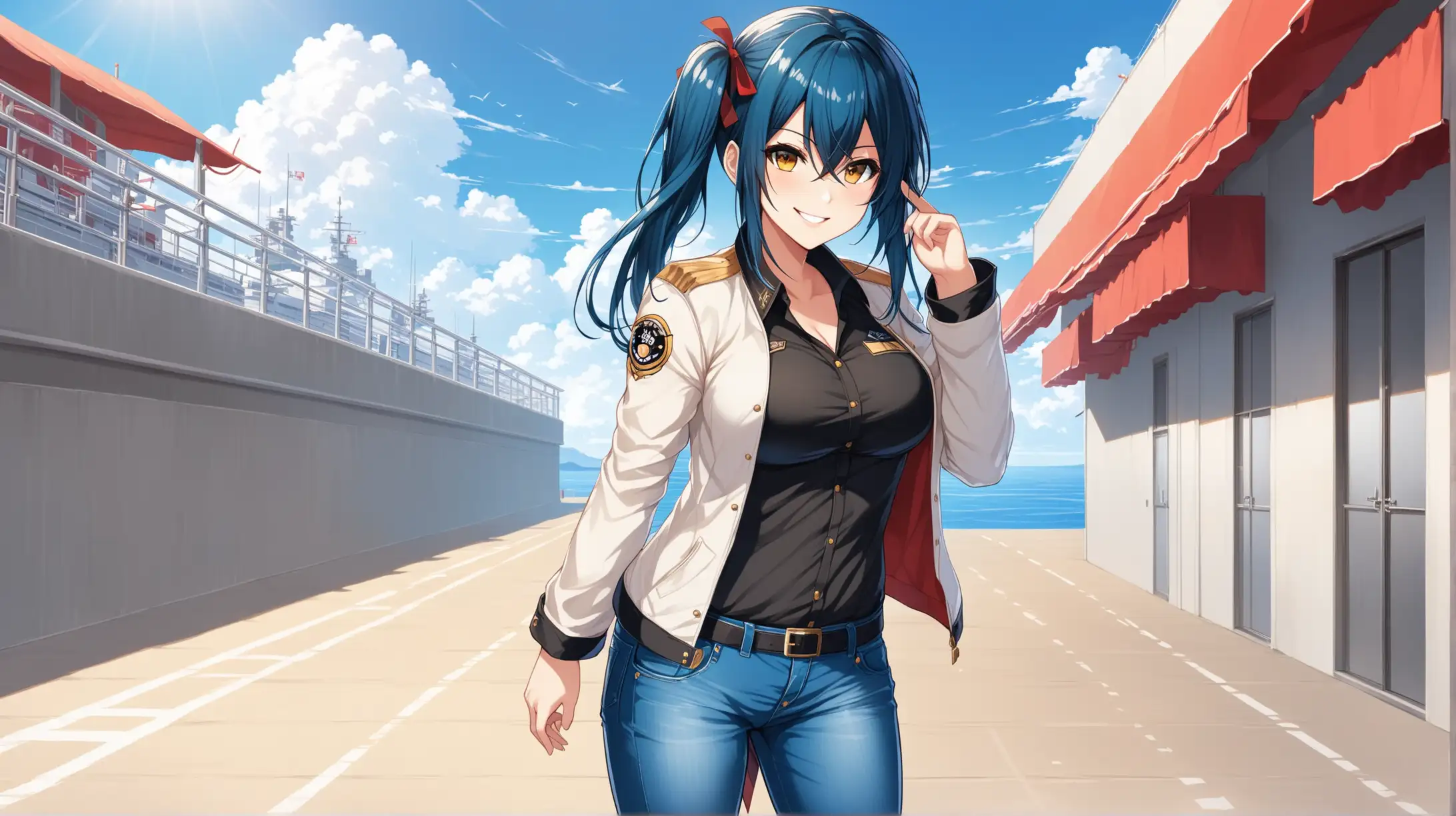 Draw the character Taihou from the game Azur Lane, standing outside on a sunny day, wearing jeans and a jacket, smiling at the viewer