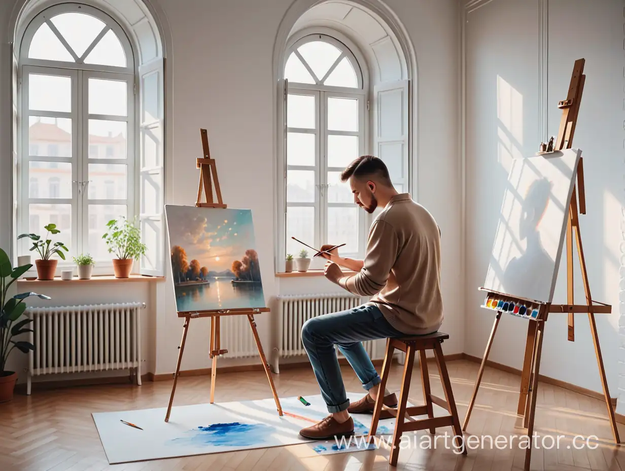 Художник мужчина рисует картину на холсте, стоя в светлой комнате на фоне окна и приборов для рисования, позади него сидят люди и наблюдают за ним