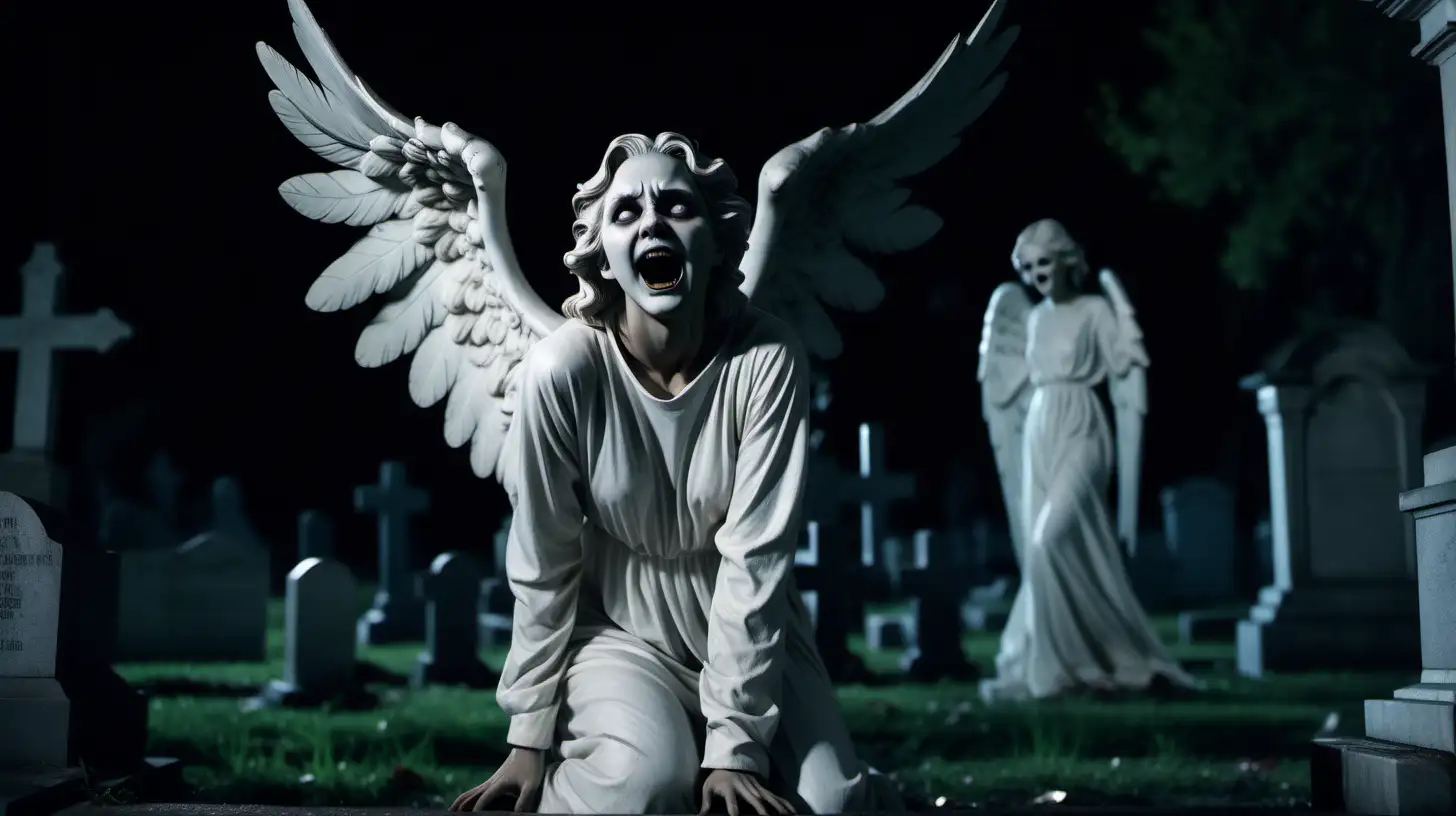 Creepy White Angel Statue Crawling and Laughing in Cemetery at Night