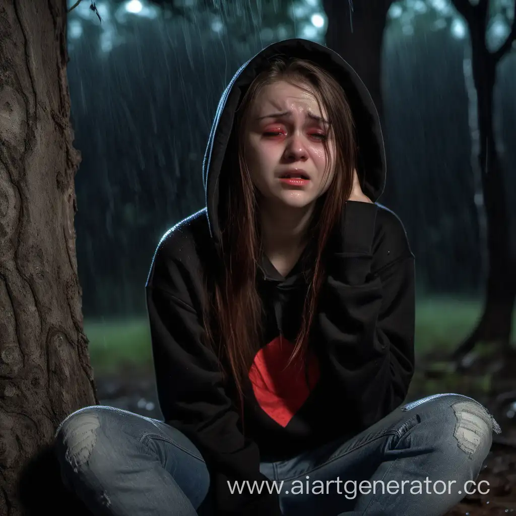 Девушка, длинные коричневые волосы, черная толстовка, серые джинсы, красные зрачки, плачет, в сидячем положении возле дерева, дождь, на фоне леса ночью