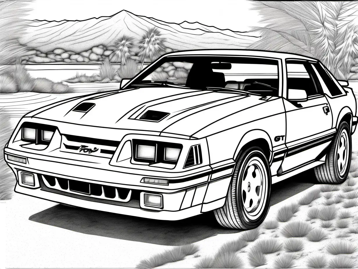 Detailed Coloring Page of a 1986 Ford Mustang GT for Adults