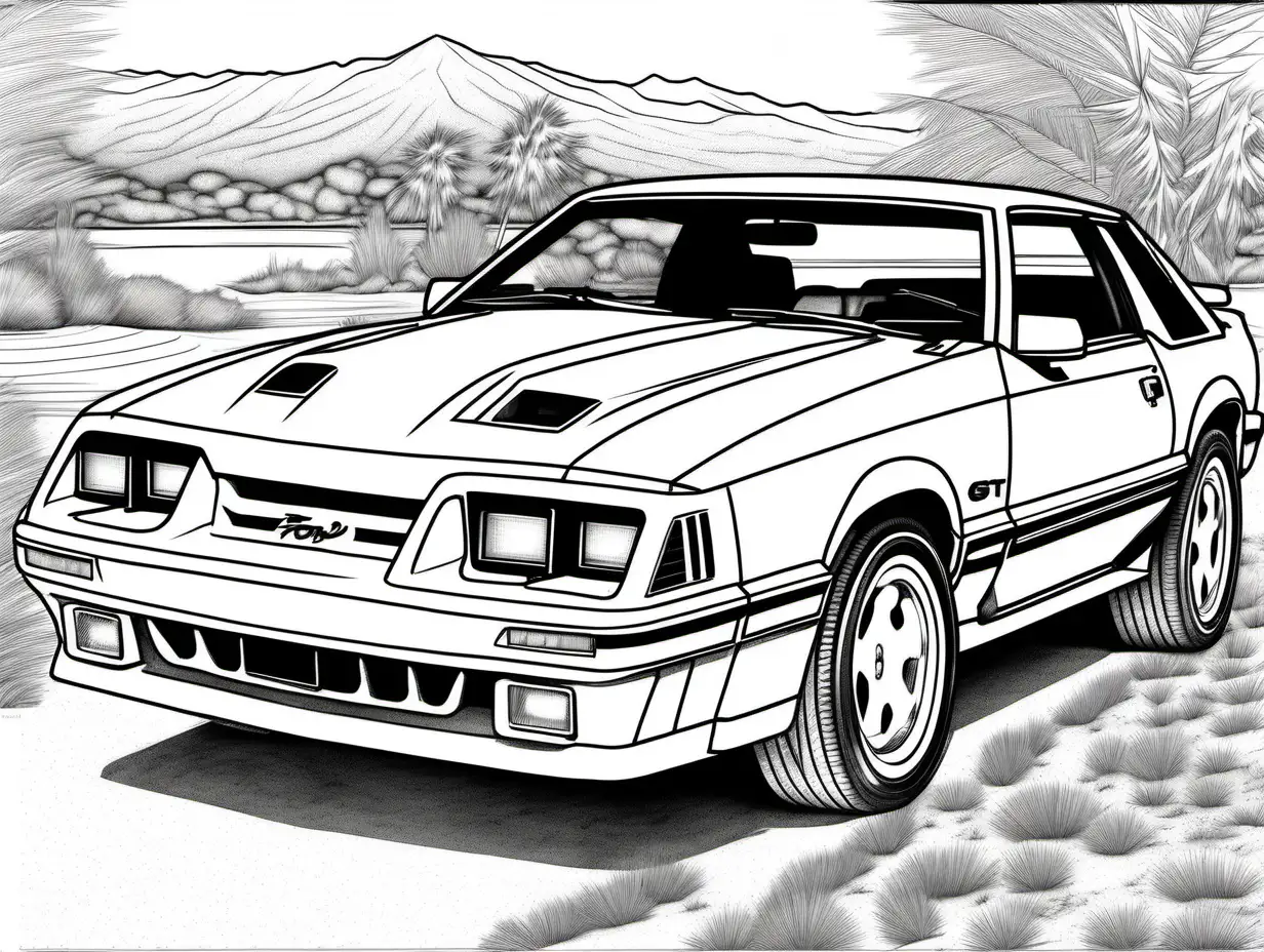 coloring page for adults, 1986 Ford Mustang GT, high detail, no shade