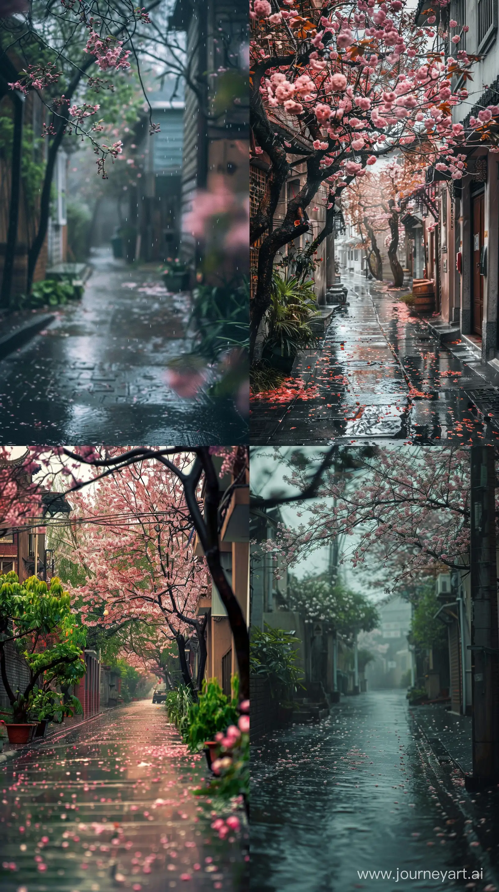 Professional Photography From Alley, Spring, Rainy Day, Dreamy Theme, High Quality --v 6.0 --ar 9:16