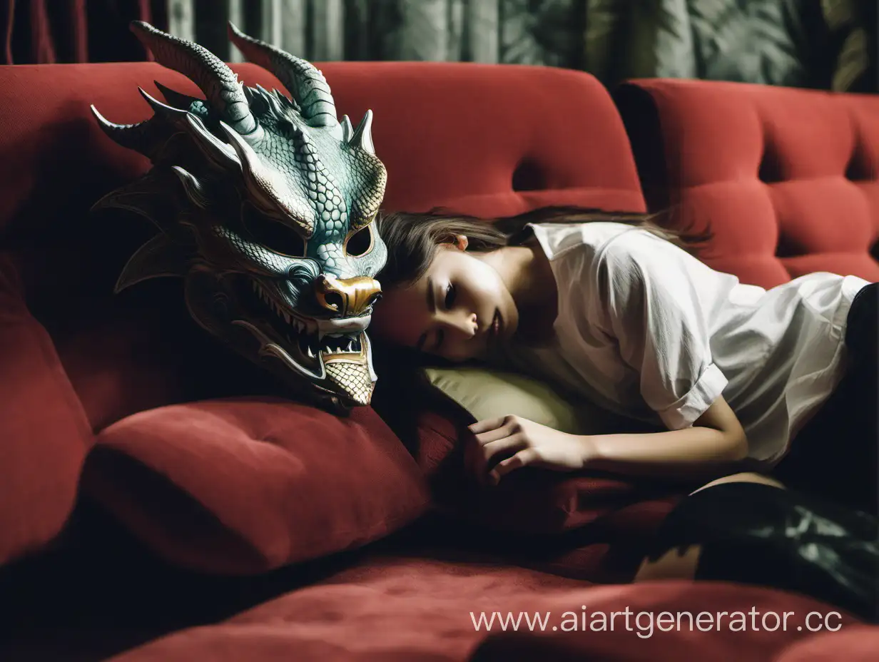 Девушка с маской дракона лежит на диване