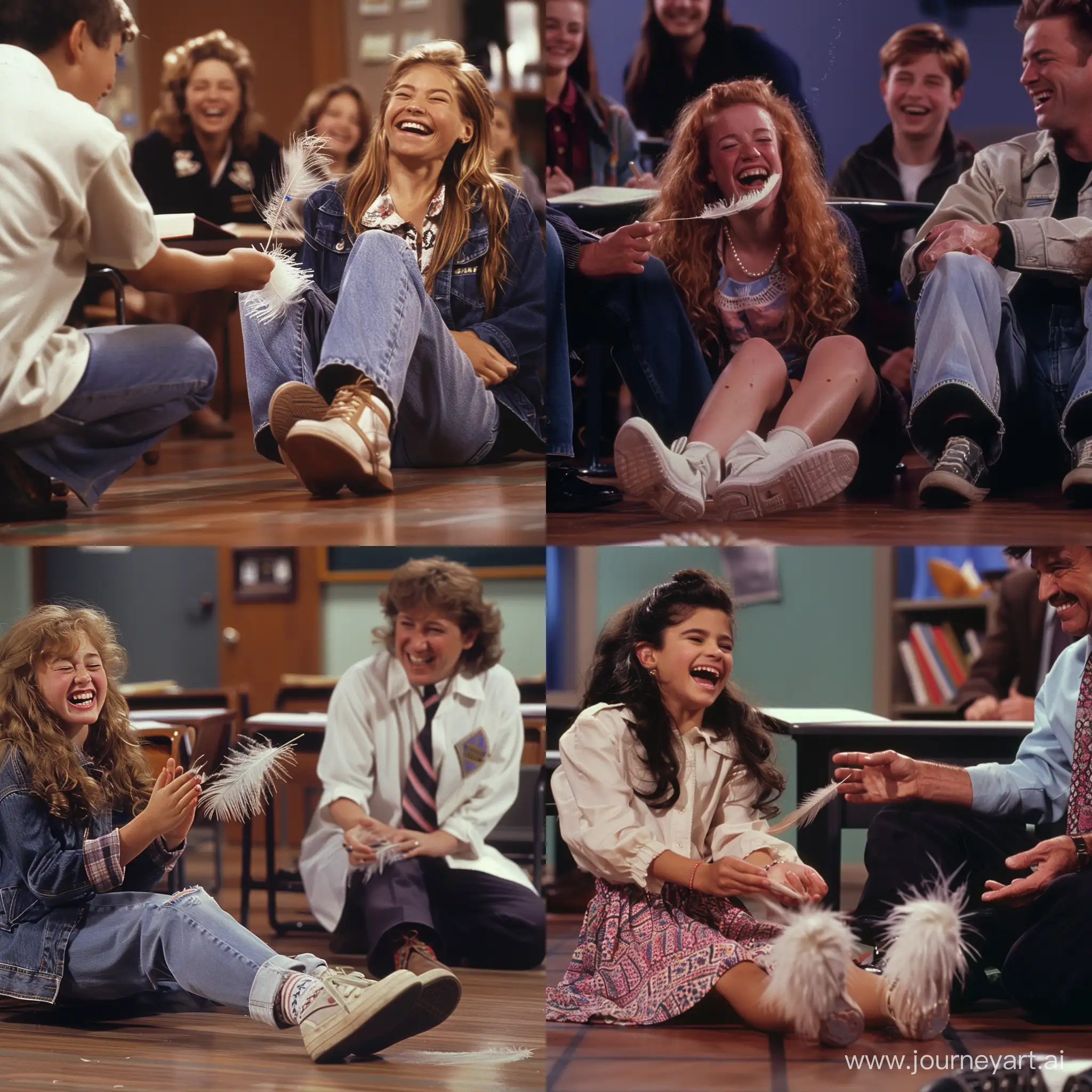 scene from a 90s sitcom, a girl is laughing in the history classroom while a professor is moving a feather over her soles,It tickles