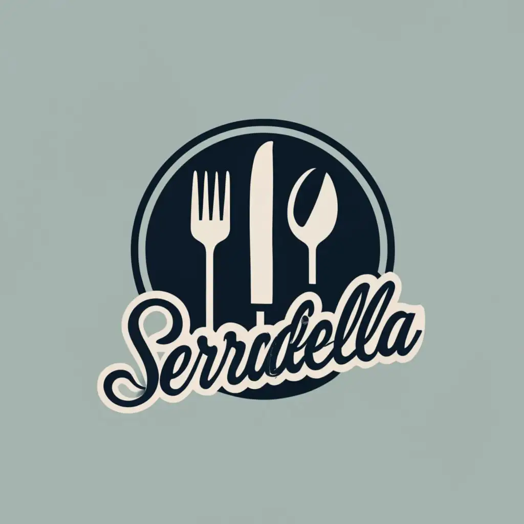 logo, plate knife spoon fork, with the text "Serradella", typography, be used in Events industry