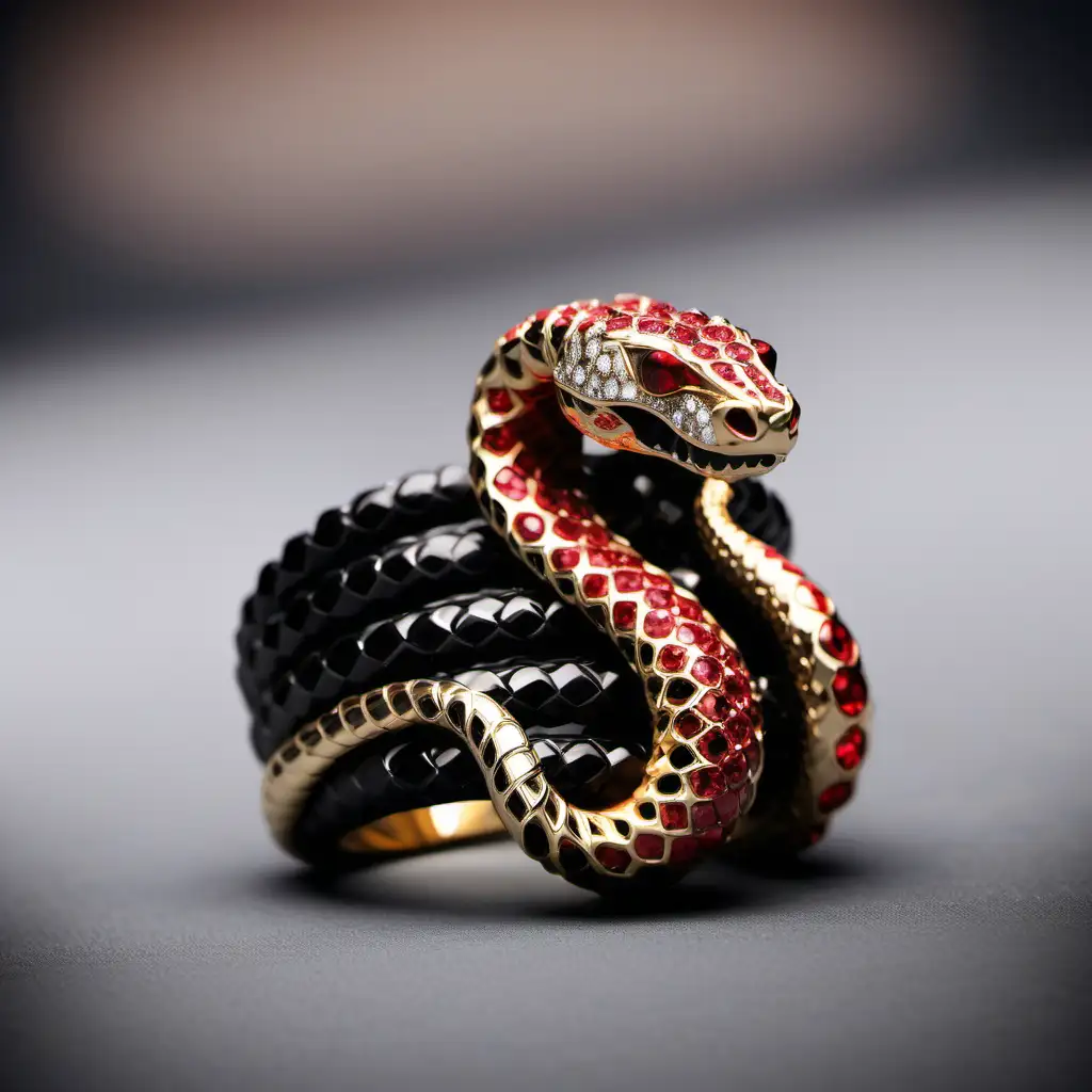 Black and red snake inspired ring with diamonds and gemstones. Background a retro golden throne room.