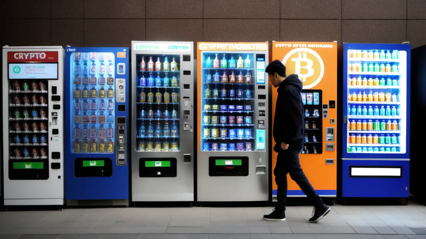 A man walks past a row of vending machines, where beverage bottles are converted into various crypto token