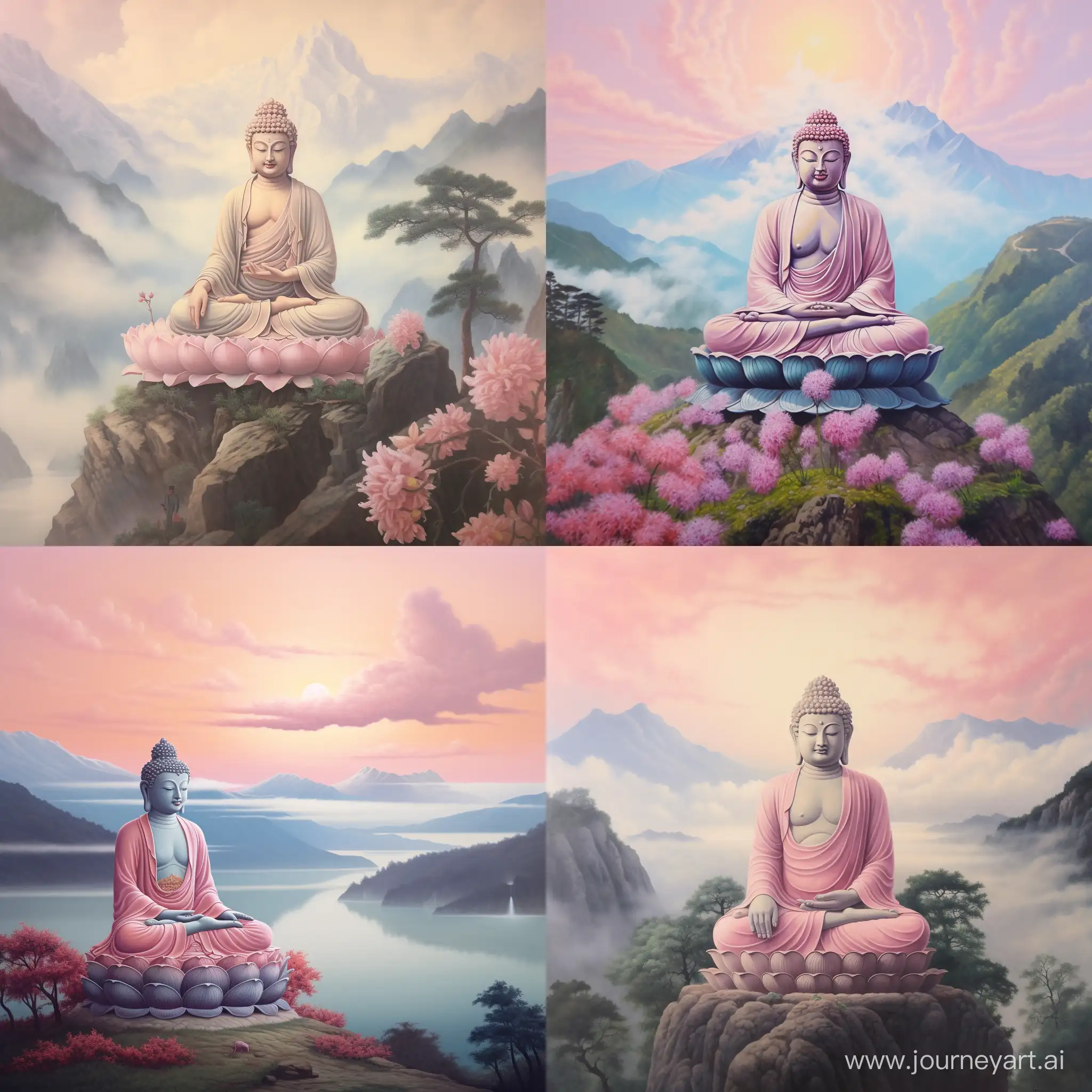 Buddha painting with full body sitting on a mountain in pastel colours