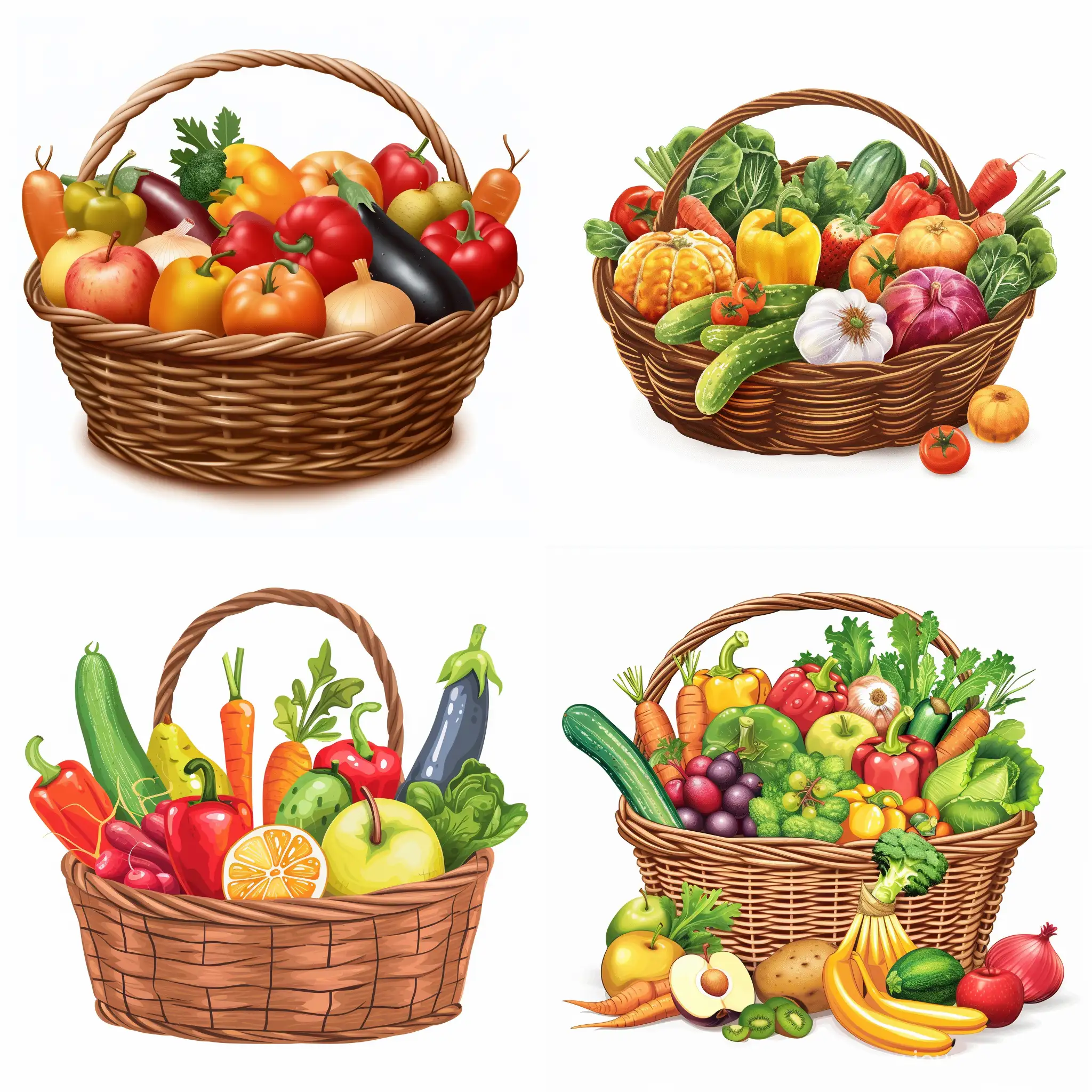 detailed cartoon basket with all vegetables and fruits on a white background