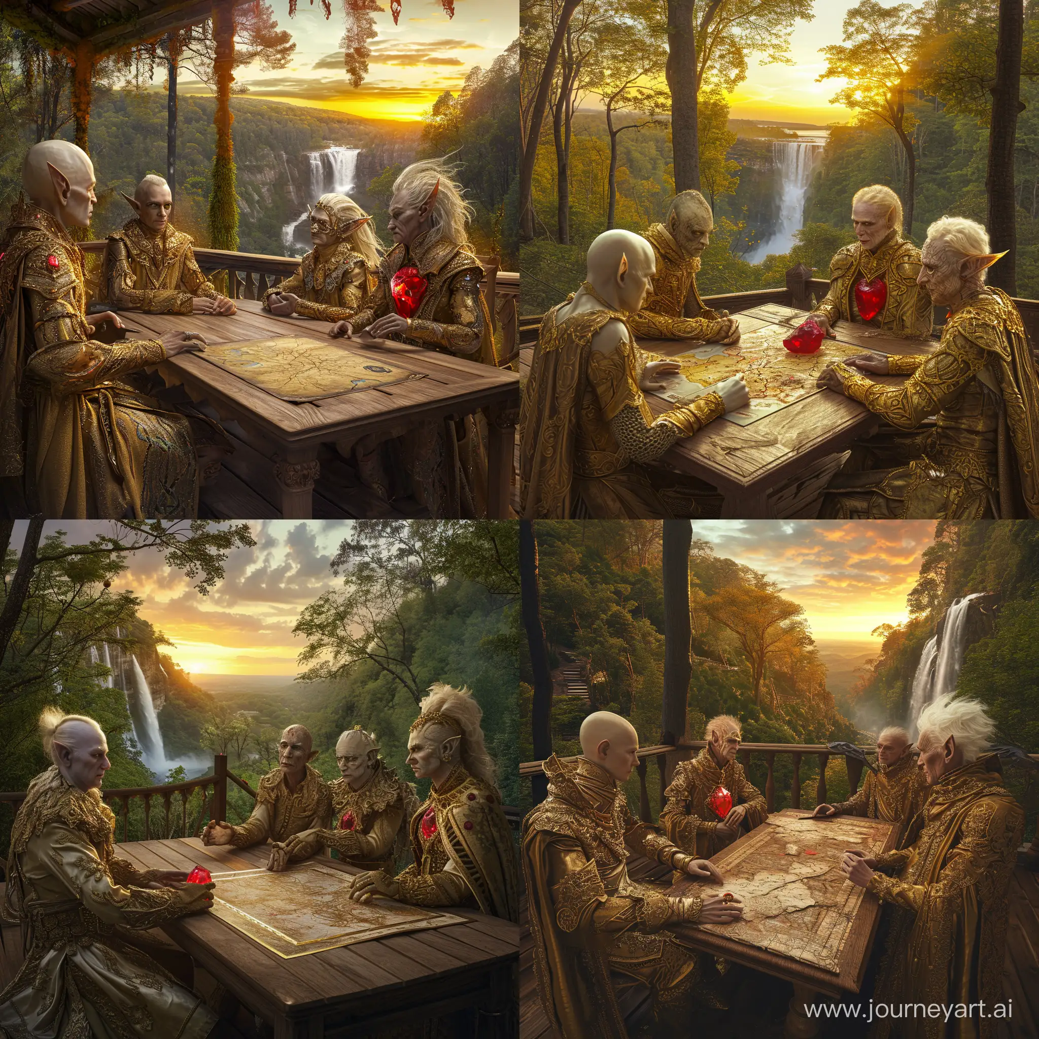 four elven men, each from a different family, one with pale skin, the other with a red crystal on his chest, dressed in ornate golden robes, are sitting at a wooden table on a terrace overlooking the forest, in the distance you can see a waterfall, a sunset, a map of the fantasy world lies on the table, fantasy, 4k, cinematic, epic, full hd
