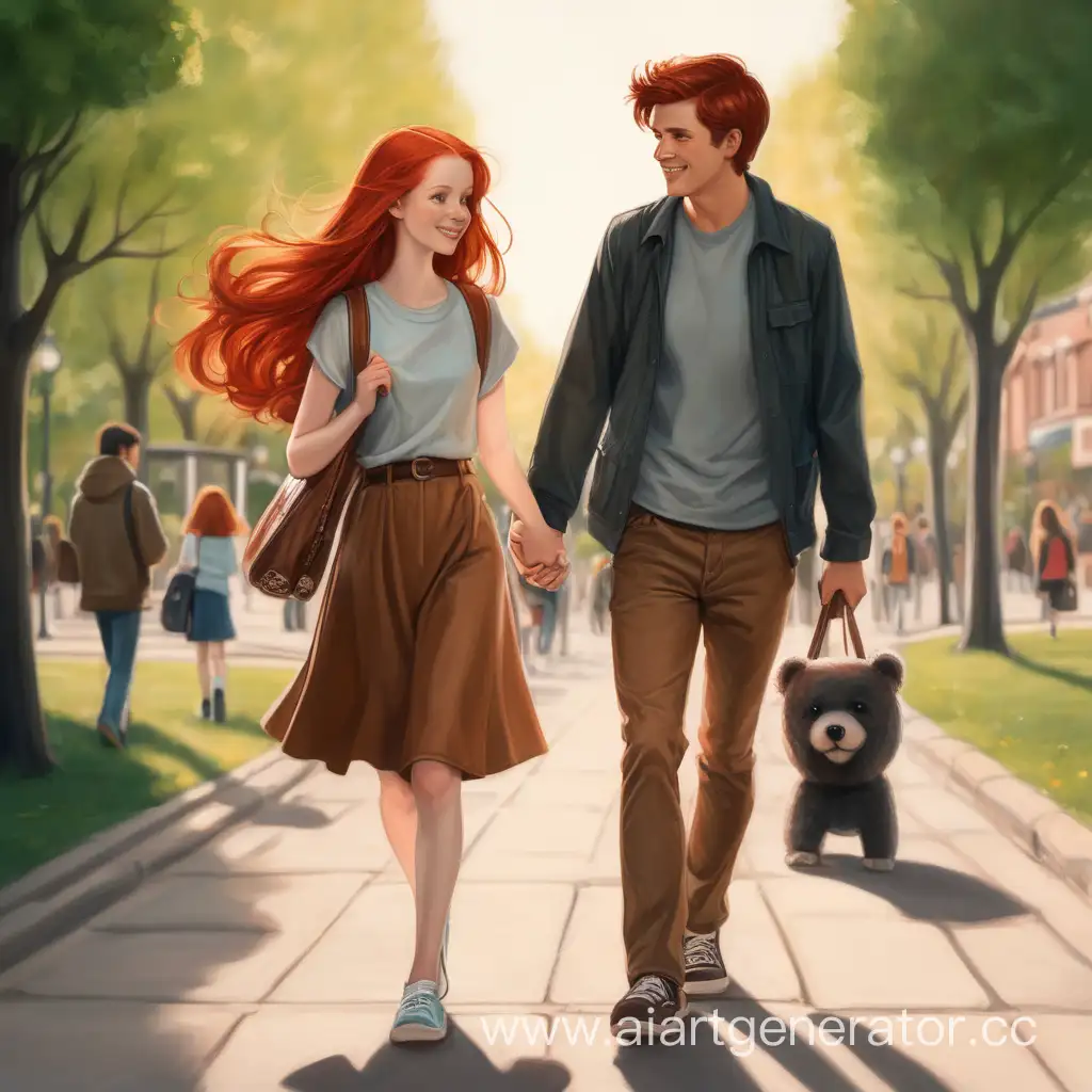 парень с коричневыми волосами гуляет с рыжеволосой девушкой