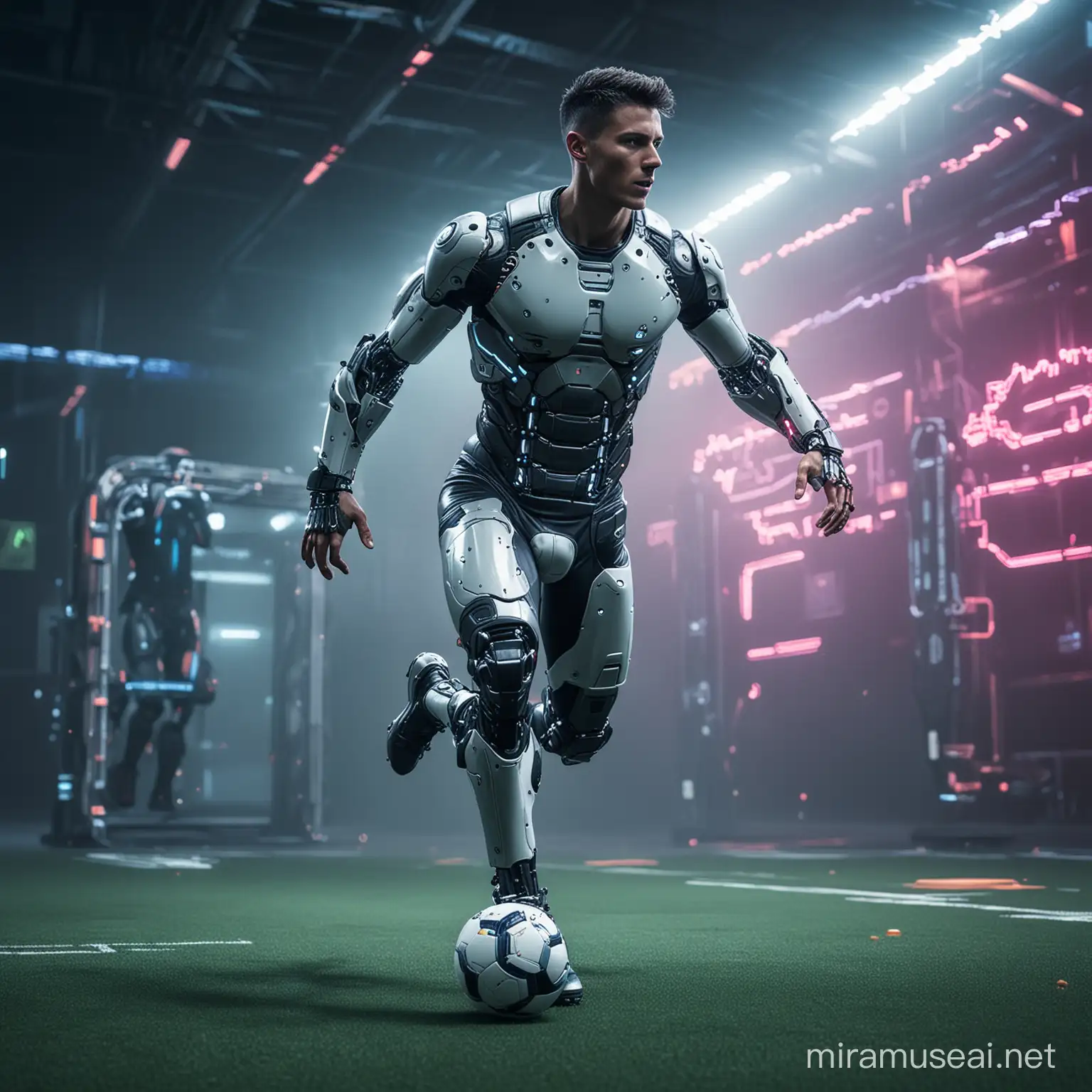 Futuristic Cyberpunk Soccer Player with Robotic Arm in Neonlit Arena