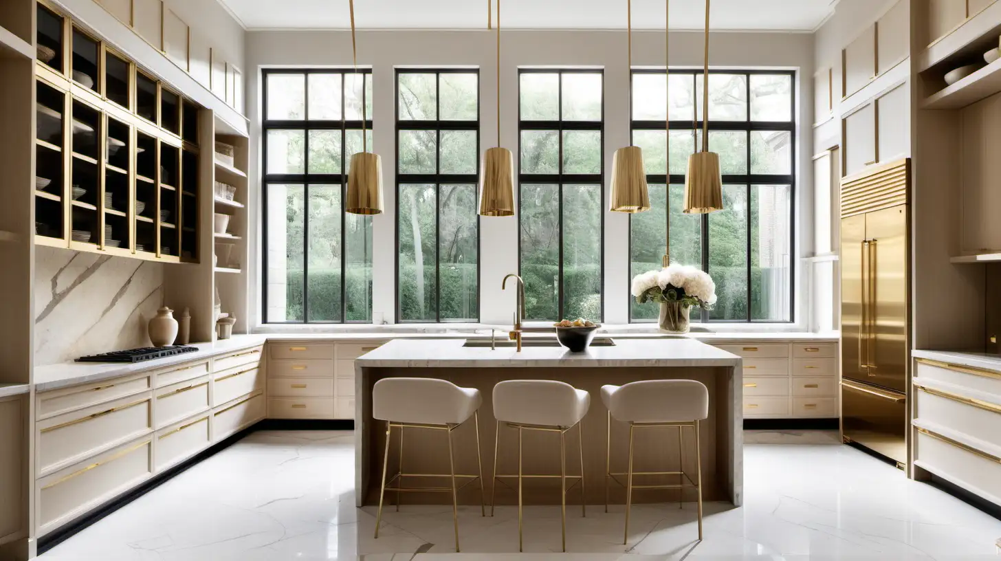 Parisian-Inspired Modern home large Kitchen with a floor to ceiling modern window; high ceilings; beige, blonde oak, brass, limestone; 
