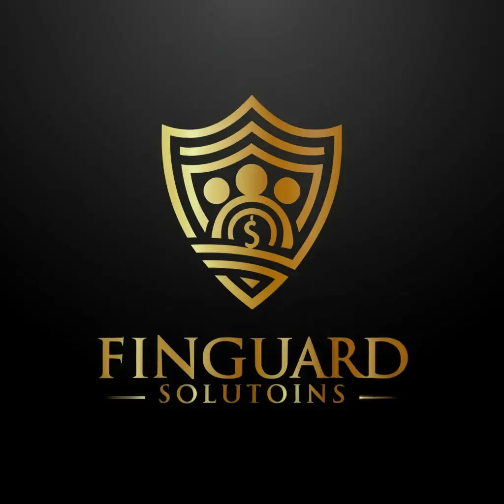 a logo design, with the text 'Finguard Solutions', main symbol: a shield. The shield has a family member silhouette in it, and inside the family silhouette, there is a dollar sign. The logo should be in black and golden color, moderate, to be used in the Finance industry, with a clear background. Use uni sans font, remove the lights from the background.