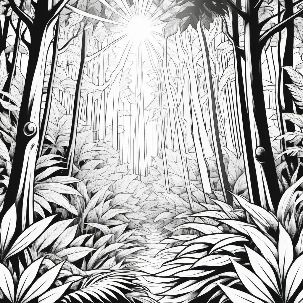 clean coloring book page of a lush green forest with sunlight filtering through the leaves., black and white