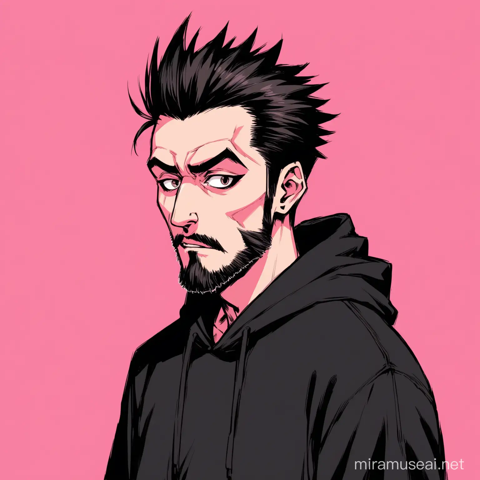 cool,hacker,black hoodie,quiff hairs,aesthetic,m shaped hairline,oblong face shape,small mouth,big nose,handosme ,psycho,pink background,patchy beared


