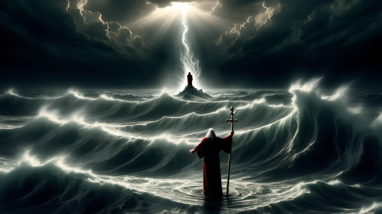 /imagine prompt: A dramatic image depicting a lone figure standing at the edge of tumultuous waters, a symbolic stake in hand, as the waters part before them, reminiscent of Moses and the Red Sea. The scene is one of determination and faith, with the distant threat of adversaries adding to the narrative of trust and divine intervention. Created Using: biblical imagery, lone figure of faith, tumultuous waters, symbolic stake, adversaries in distance, divine intervention, determination, trust and resilience, hd quality, natural look --ar 16:9 --v 6.0