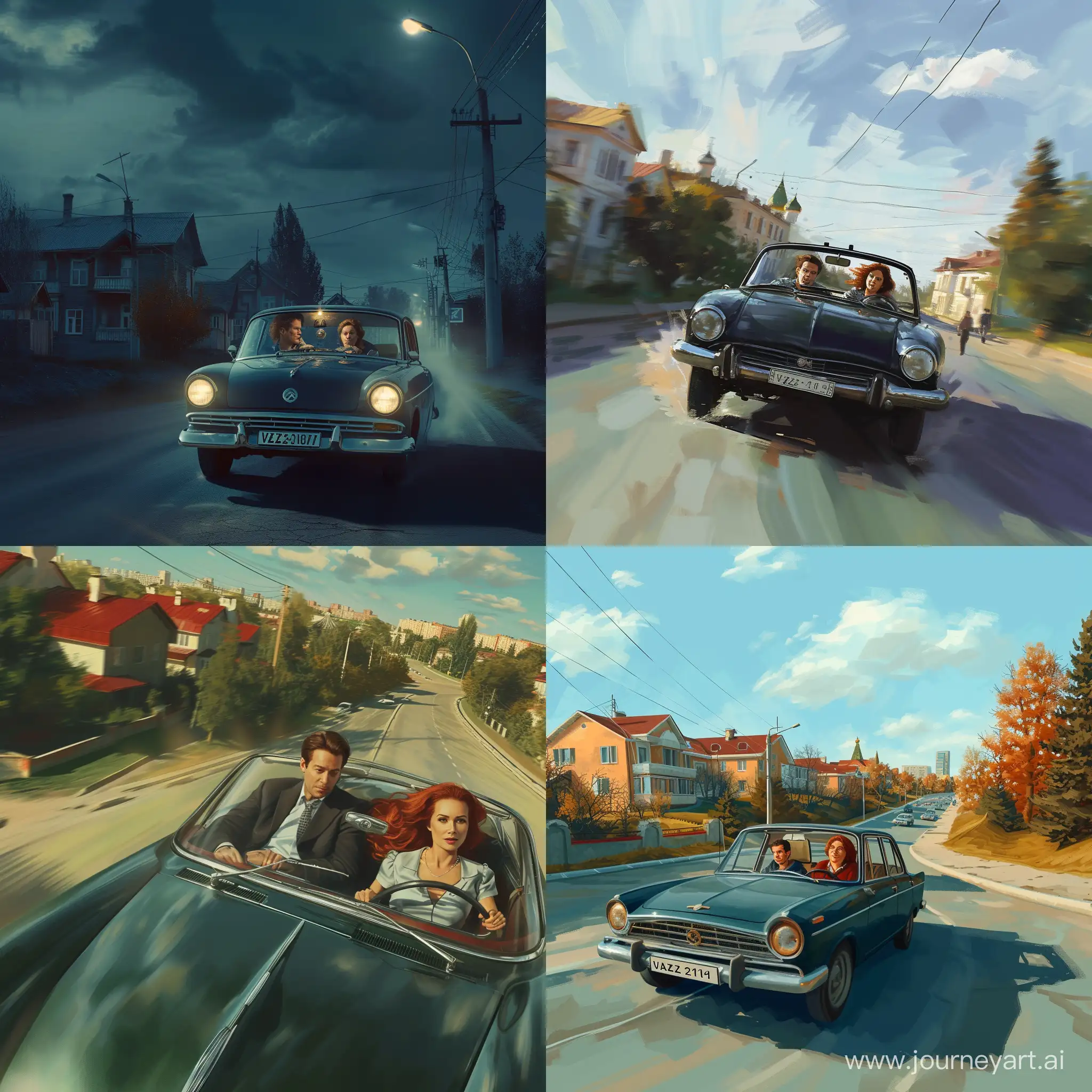 Background of Moscow houses and roads, Fox Mulder and Dana Scully in a Russian VAZ-2107 car, evade the pursuit from unknown people, cinematic, detalied.