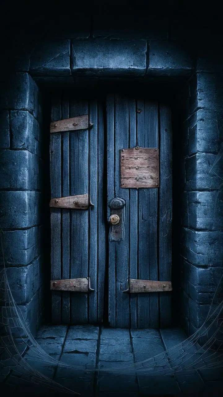 Dungeon. Old Wood closed Door, Lock. Dark, Vignette, nighttime, 