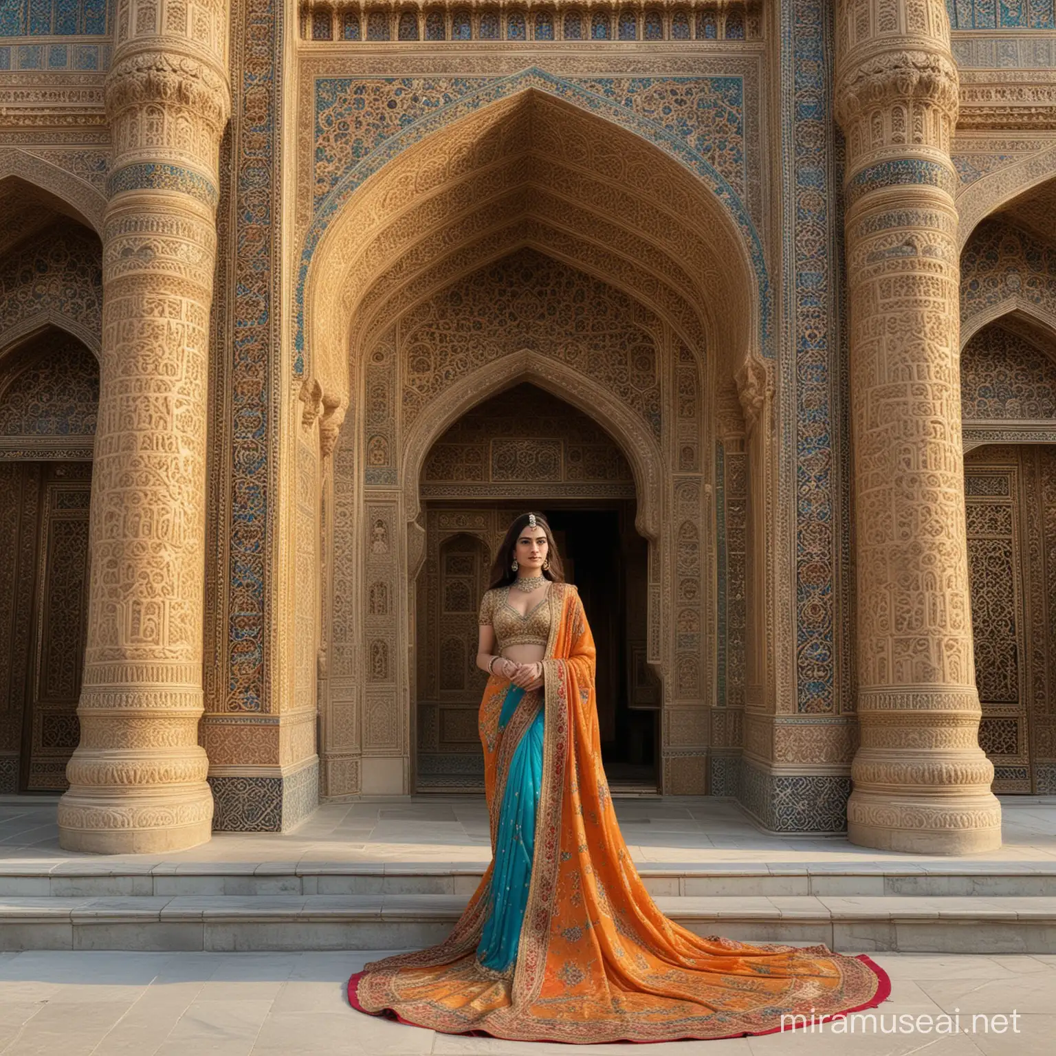 A unique Persian princess adorned in vibrant silks and jewels, standing in front of a majestic palace with intricate architectural details.