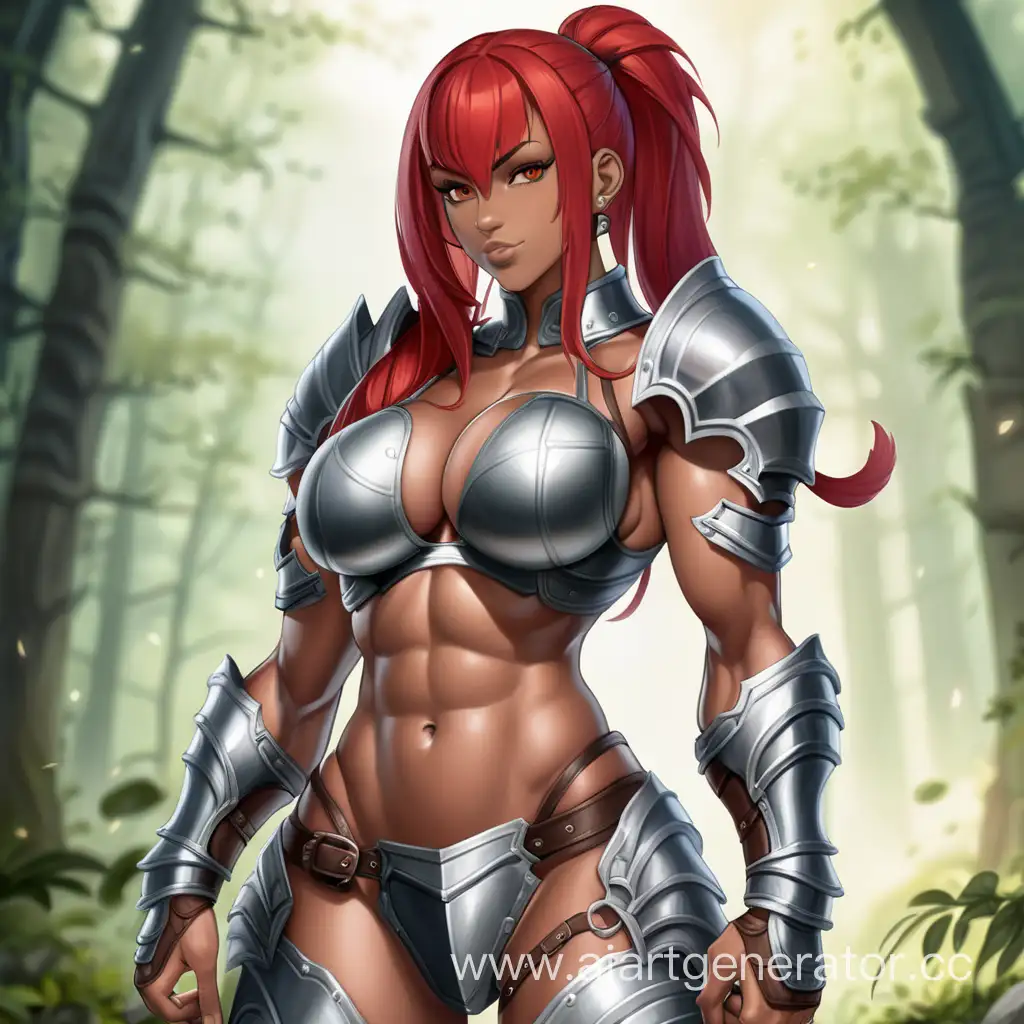Fantasy Forest, 1 Person, Women, Human, Scarlet Red Hair, Long hair, Back Ponytail Hair style, Dark Brown Skin, Silver Full Body Armor,  Chocer,  Black Liptsick, Serious smile, Big Breasts, Brown eyes, Sharp Eyes, Flexing Muscles, Hard Abs, Toned Abs, Big Muscular Arms, Big Muscular Legs, Well-toned body, Muscular body, 