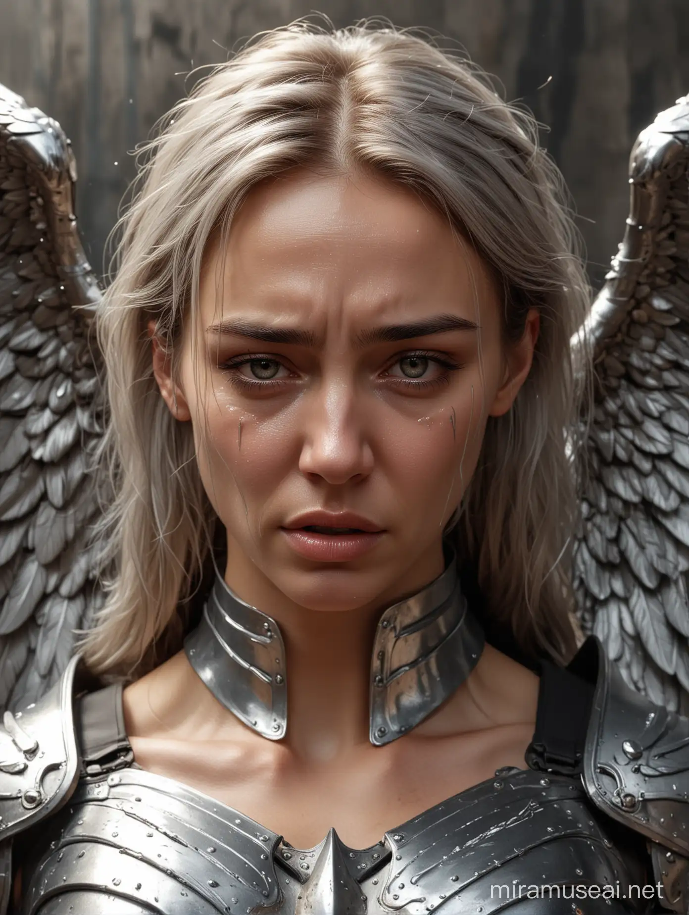 face of a sad muscular female angel with big wings, platinum armor without helmet, close-up of the face, crying, tears, sobs