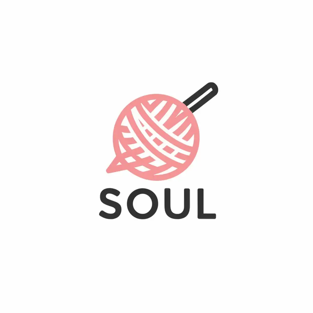 a logo design,with the text "Soul", main symbol:"Create a logo for the brand 'Soul' specializing in crochet products such as blouses, toys, and bags. The main symbol should feature a crochet ball with a crochet sewing needle. The brand's colors should blend white with either pink or blue with violet.",Moderate,be used in Internet industry,clear background