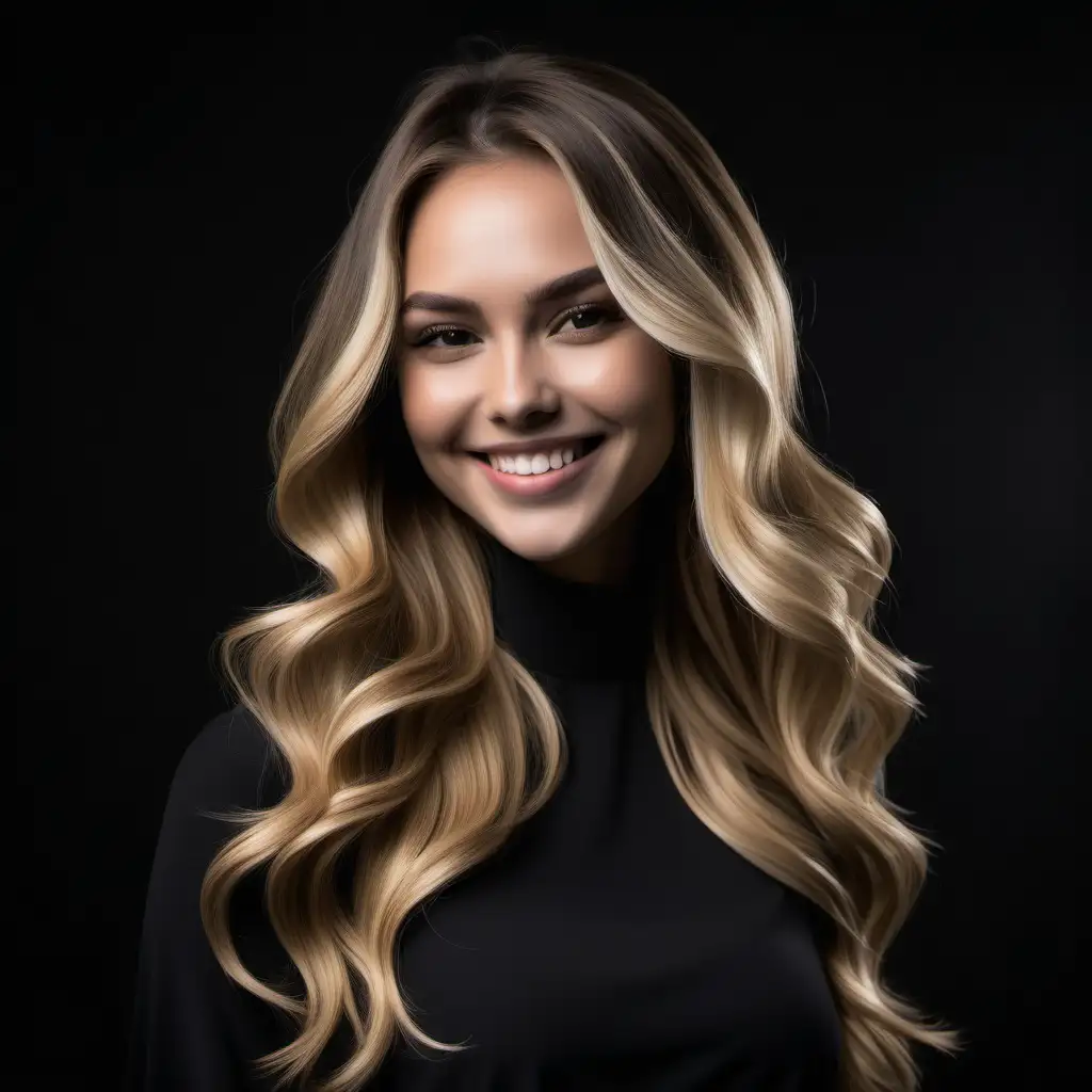 hair model in brunette blonde dimensional balayage hair black background photoshoot she is smiling wearing upscale black modest attire