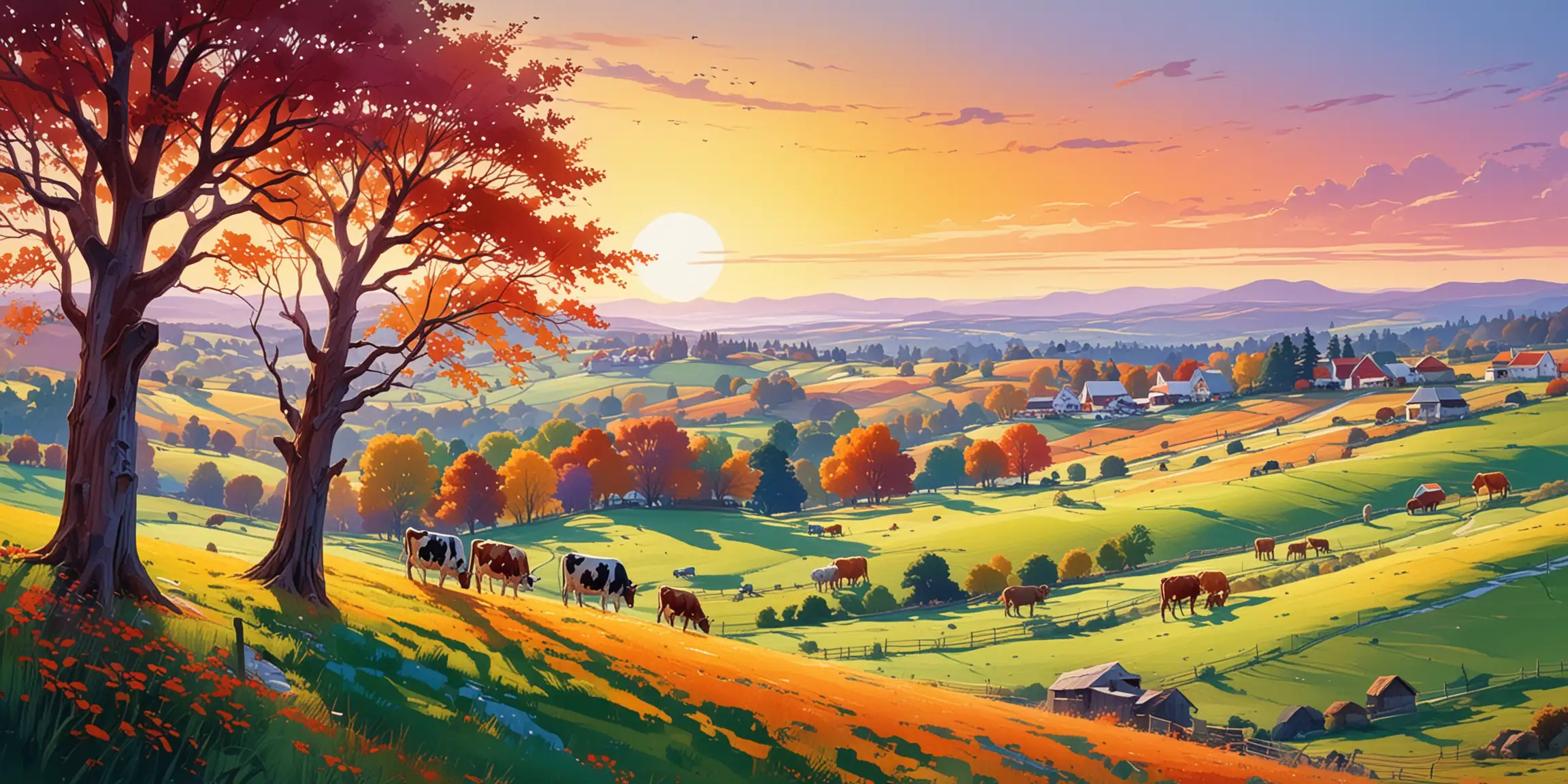 Vibrant Farmland Panorama with Cows and Lush Greenery