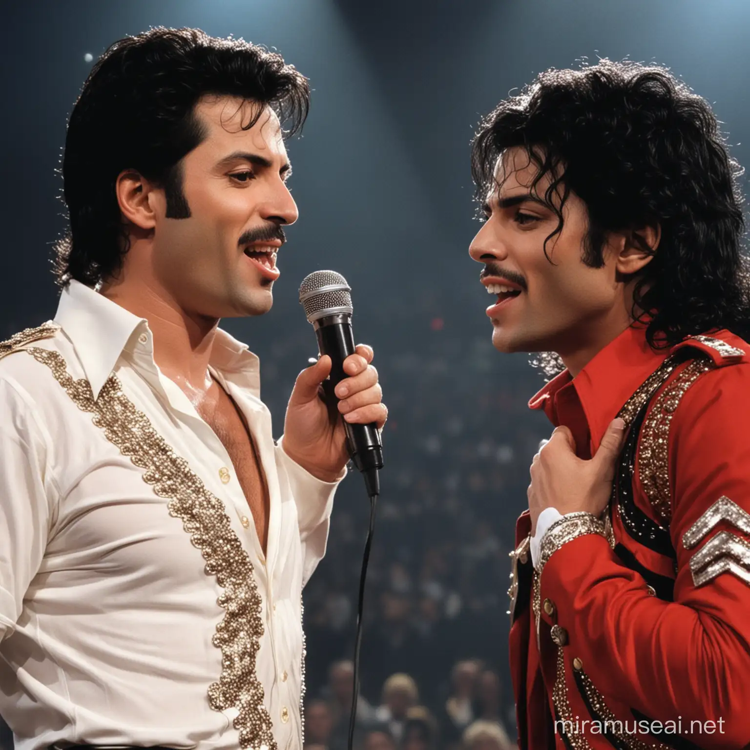 Freddy Mercury y Michael Jackson cantando una canción en un concierto