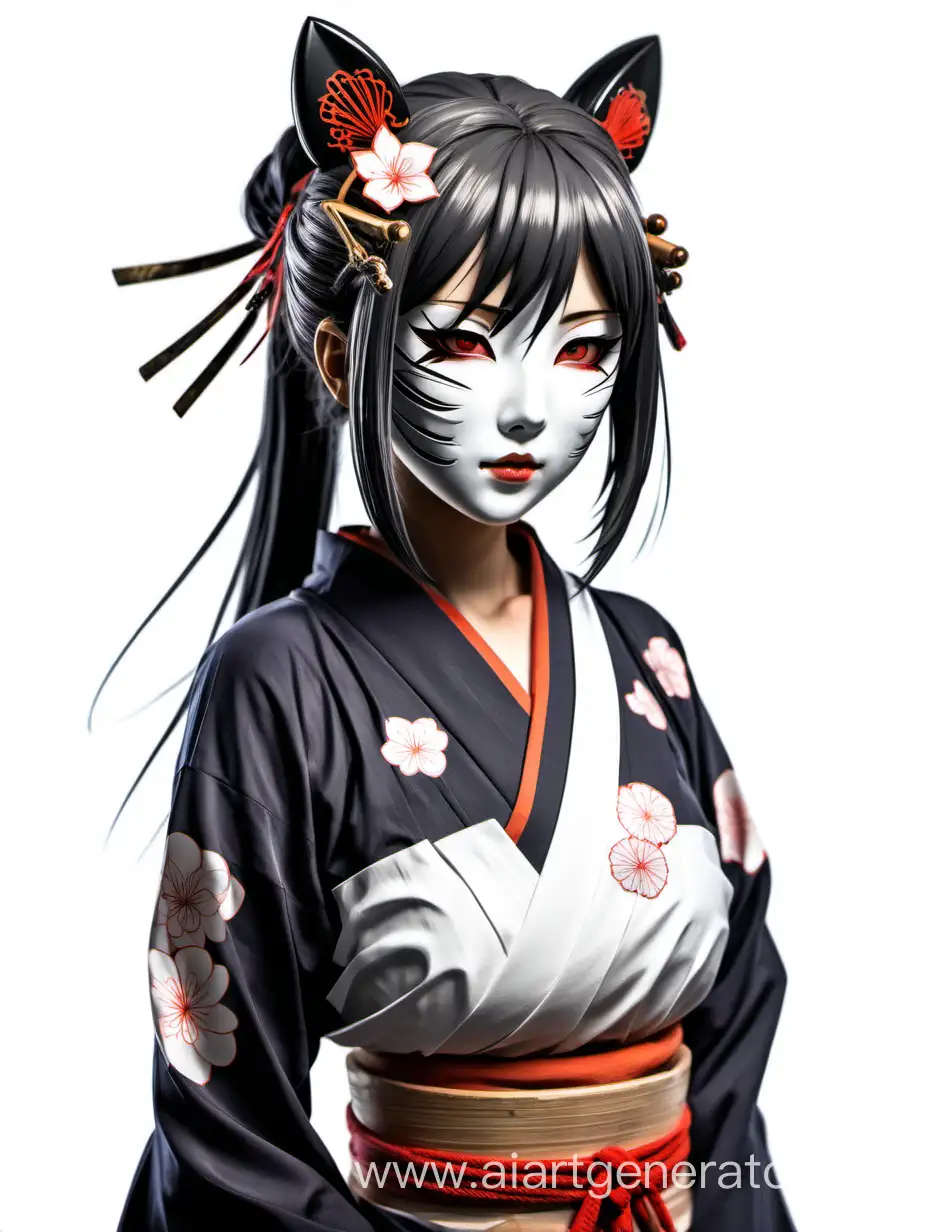 Anime girl on a white background, wearing a Japanese mask, lots of details, bust
