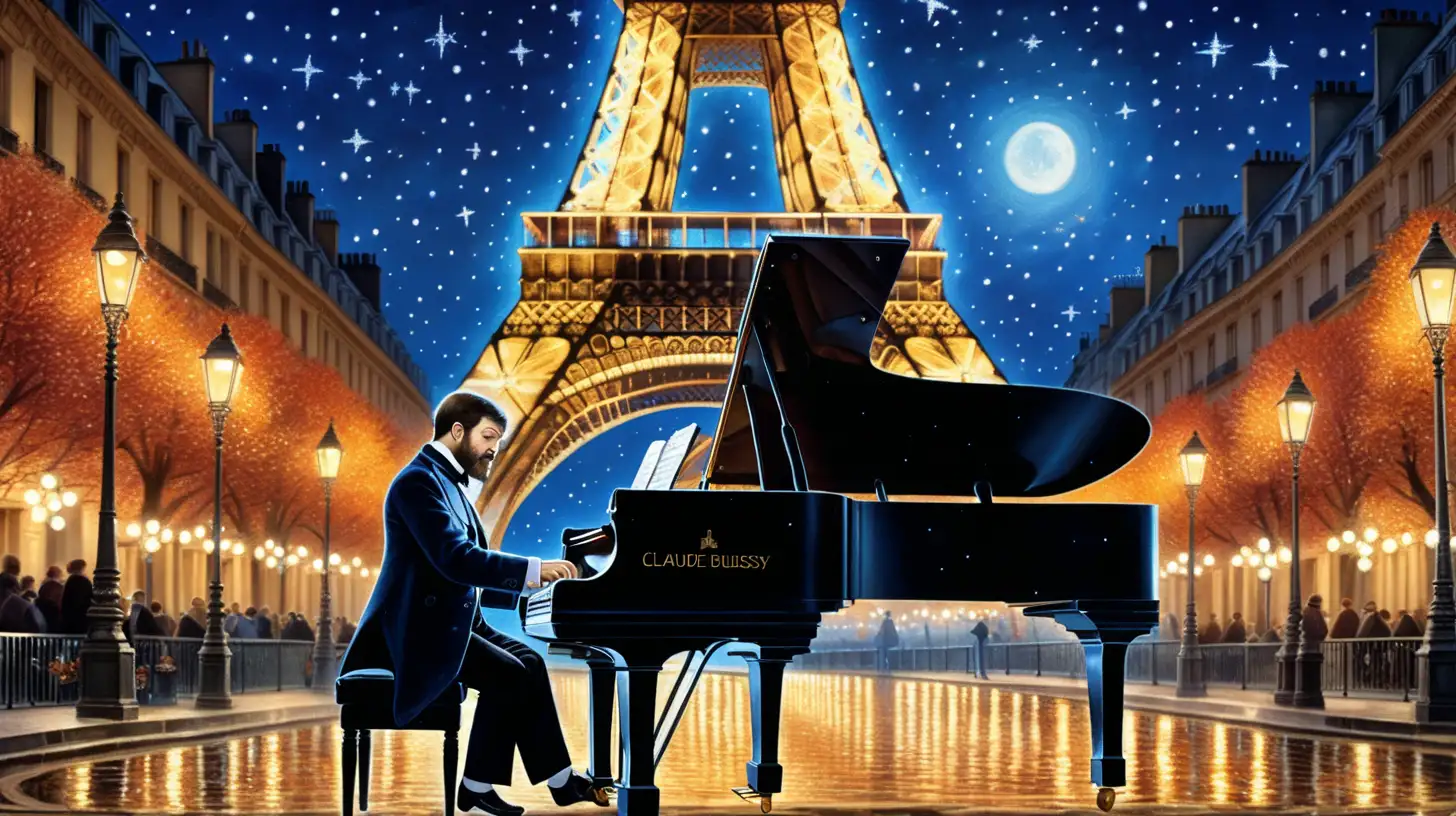 Клод Дебюсси в праздничном фраке и праздничной рубашке, играет на рояле ночного Парижа и светящейся Эйфелевой башни