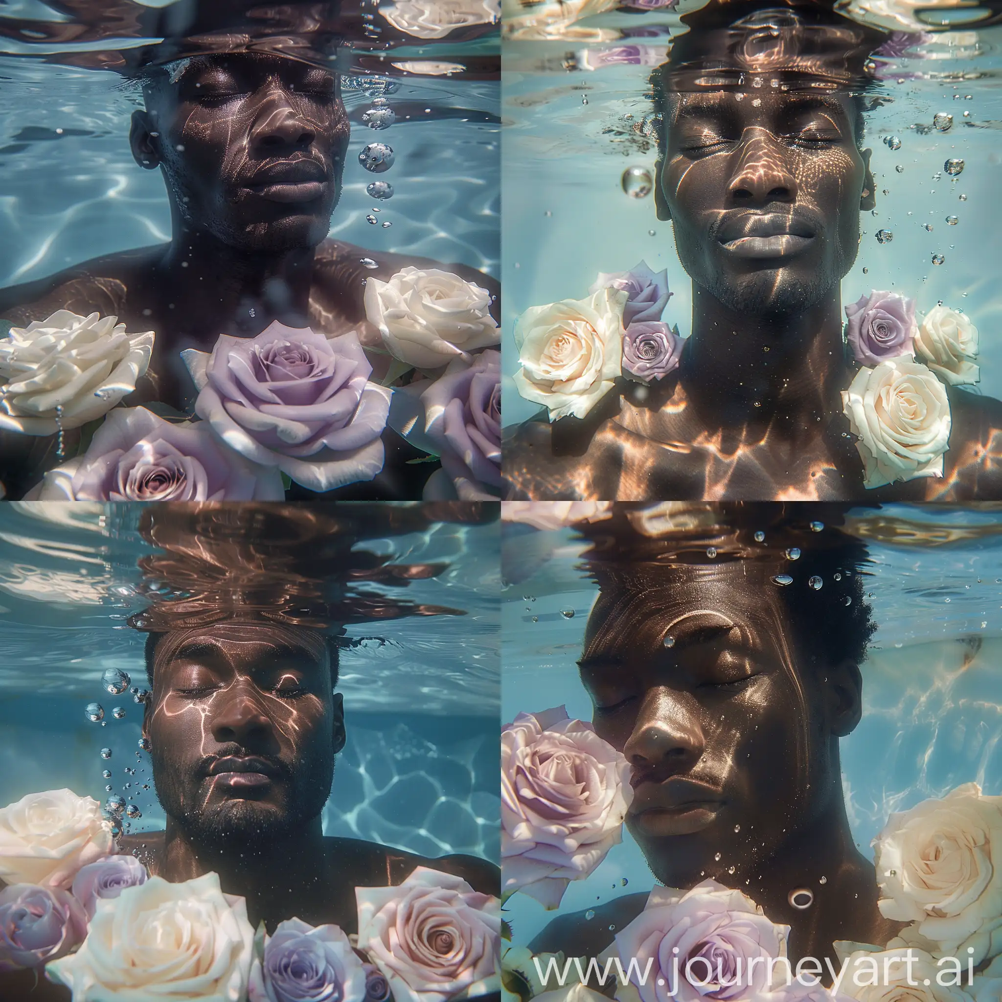 A captivating cinematic image of a beautiful black man in his 50s, eyes closed underwater, a few large realistic bubbles under the water, reflection of underwater light on him, lilac roses and cream roses underwater