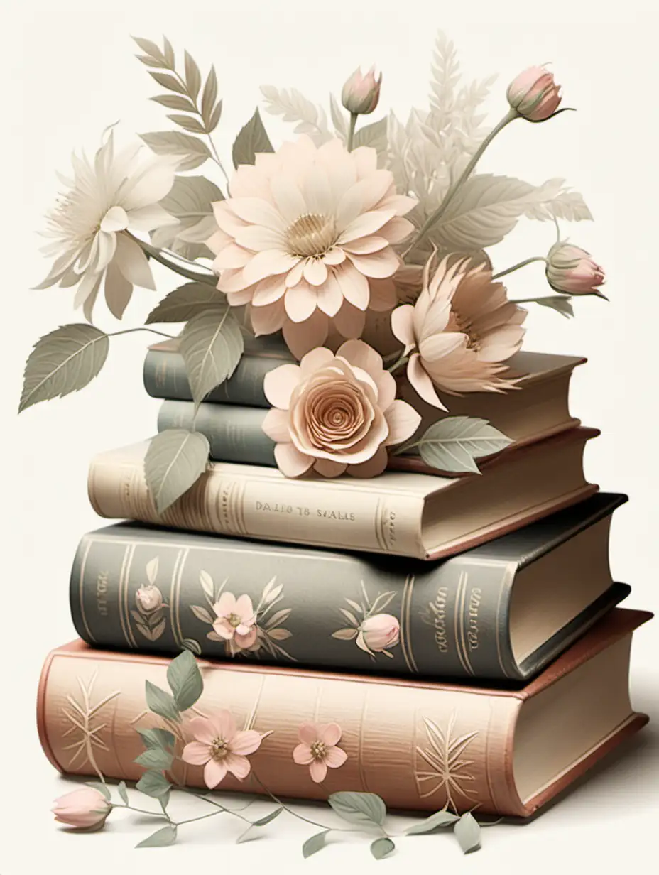 beautiful books and flowers dainty and delicate, illustrated style. 