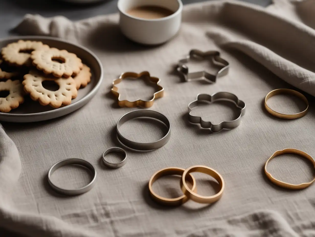 festive neutral simple table styling for intimate lunch. assorted festive cookie cutter rings placed on linen napkin. just cookie cutter rings, no cookies. close up angle primarily showing cookie cutter rings in frame, moody, neutral and ambient lighting, DSLR photography style