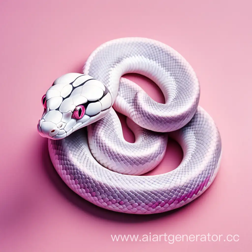 Белая змея с розовыми глазами в пастельных тонах на розовом фоне