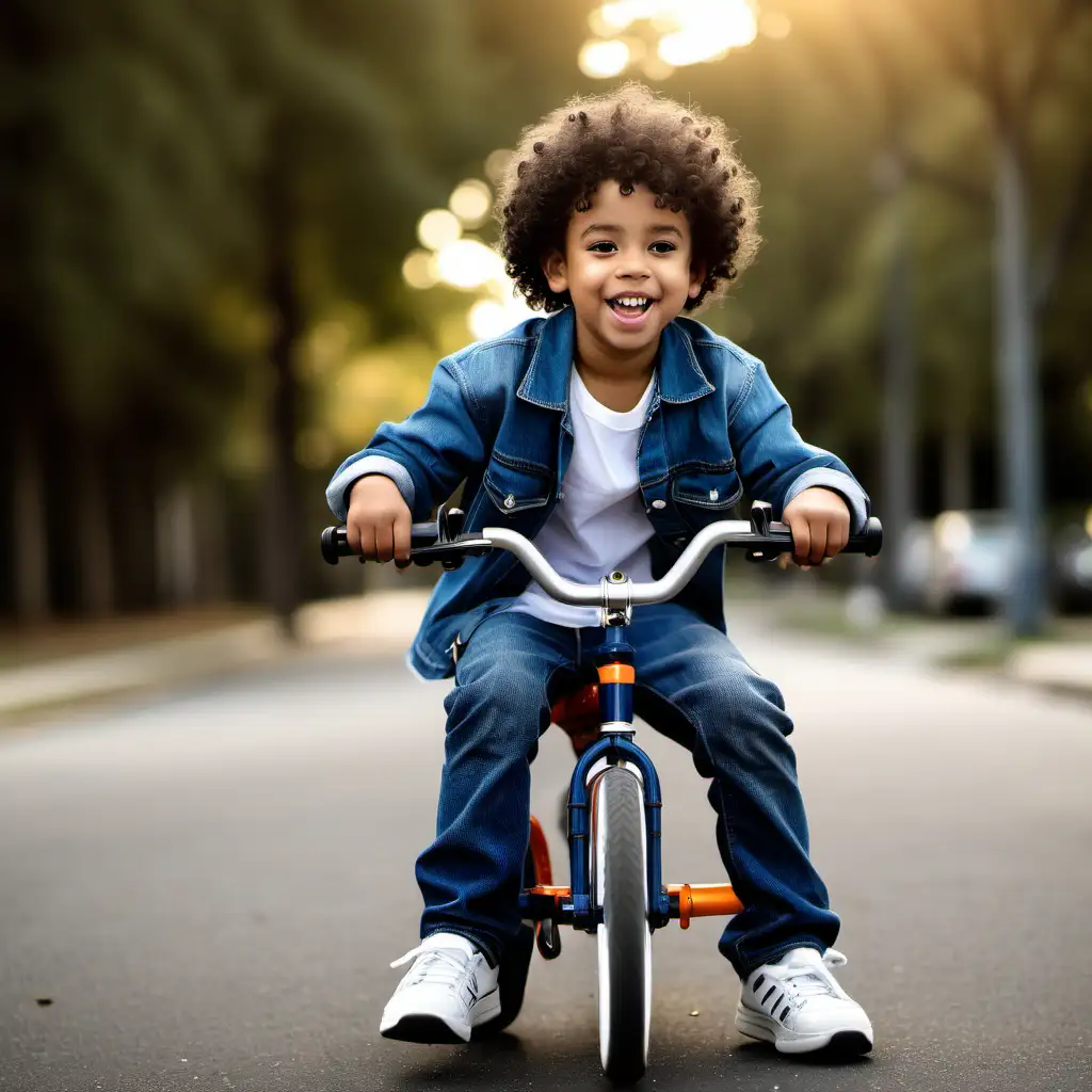 african american boy with culy hair riding his bike, jeans and sneakers