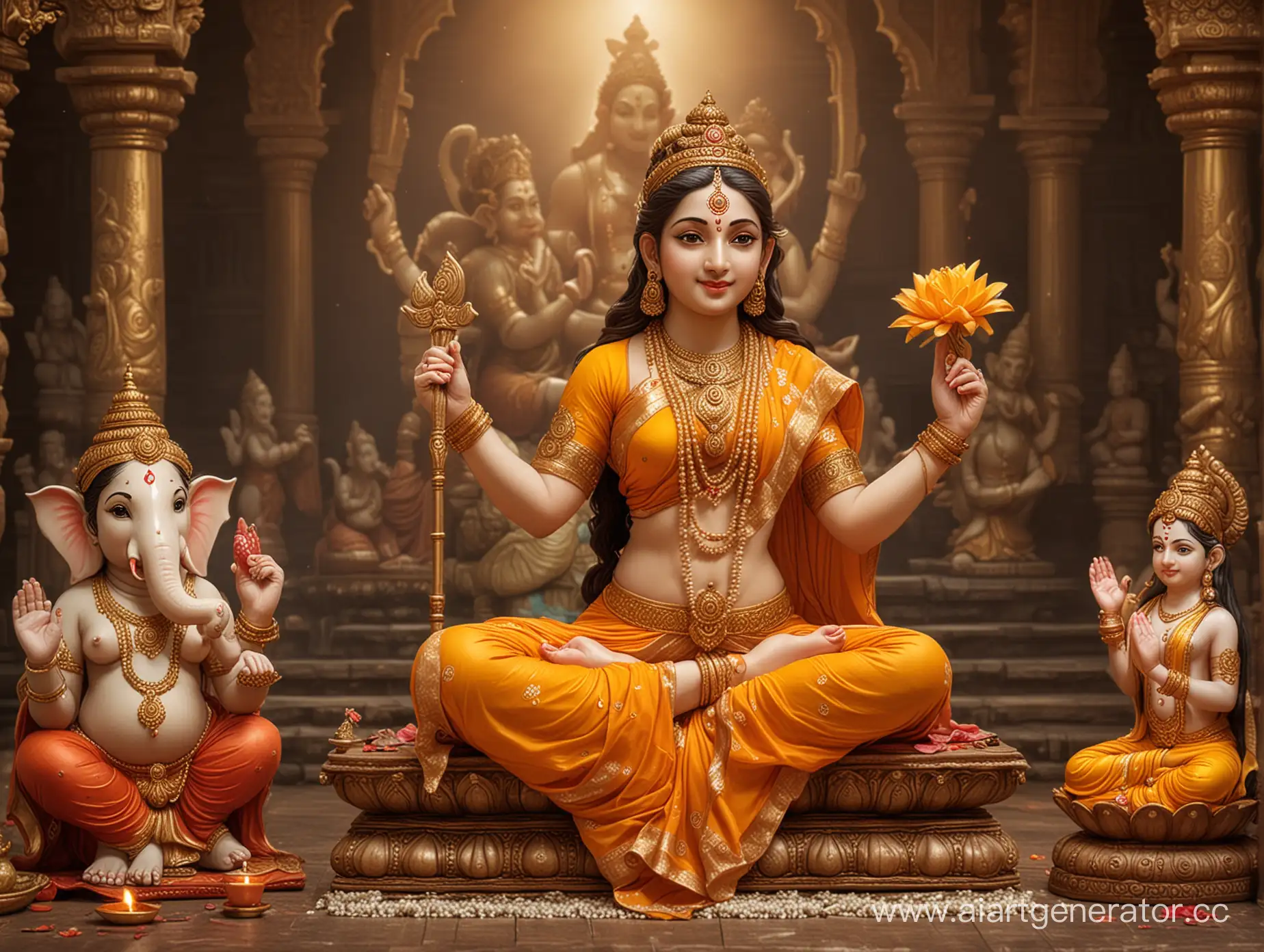 Beautiful Vedic goddess sitting next to Lord Ganesha