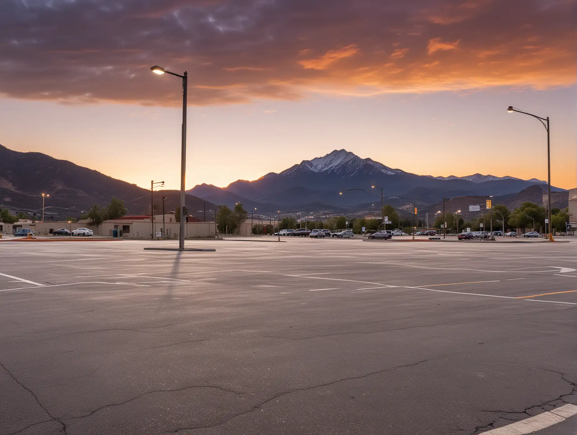 vacant parking lot,mountain background,street lights,sunset,no marks on pavement