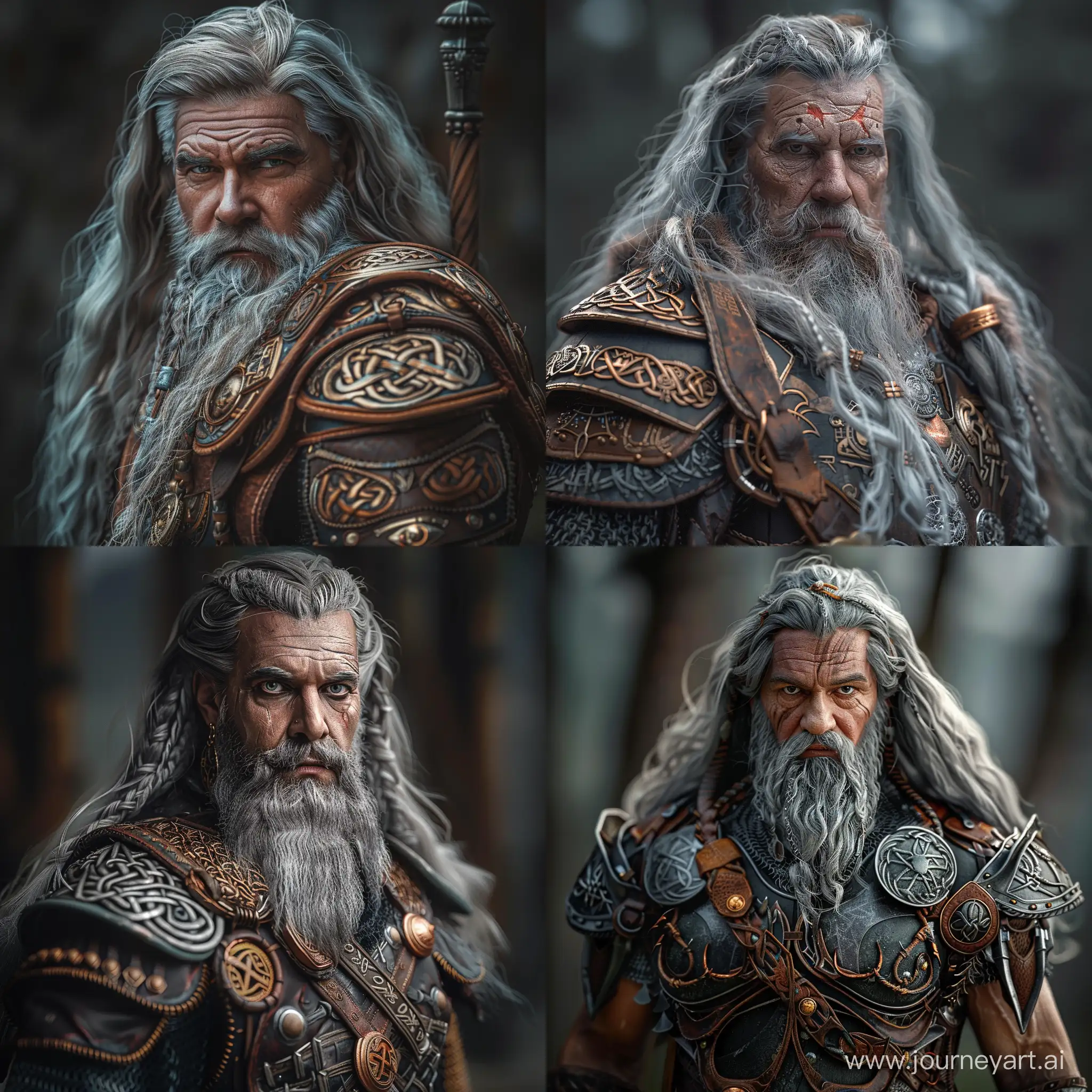 God Odin character, long grey hair and beard, war armor on him with leather and copper, ultra realistic, hyber detailed, modelcore, portrait photo. use sony a7 II camera with an 30mm lens fat F.1.2 aperture setting to blur the background and isolate the subject. use distinctive lighting on the subjects shot. The image should be shot in ultra-high resolution. --v 6