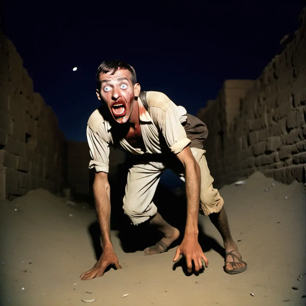 Full colour image. 1920s. A man in ragged clothing. He stumbles towards the camera. His mouth is opened unnaturally wide, at least ten inches. His teeth are razor sharp and his tongue is black. Background is an Egyptian dig site at night. Lit by torchlight.