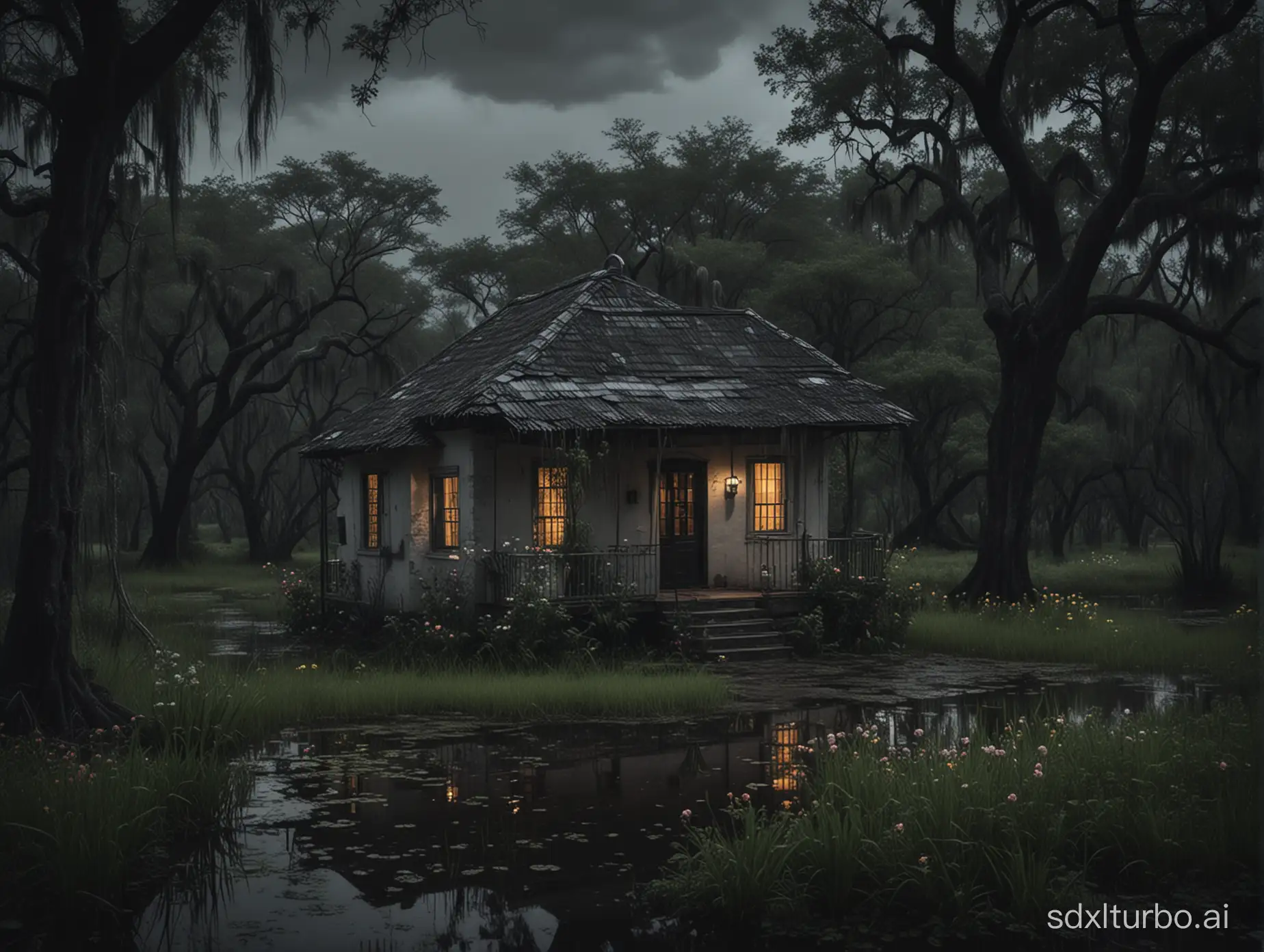 A creepy hispanic colonial small house by a swamp, at a stormy night. Full of trees and flowers. Noir, dark