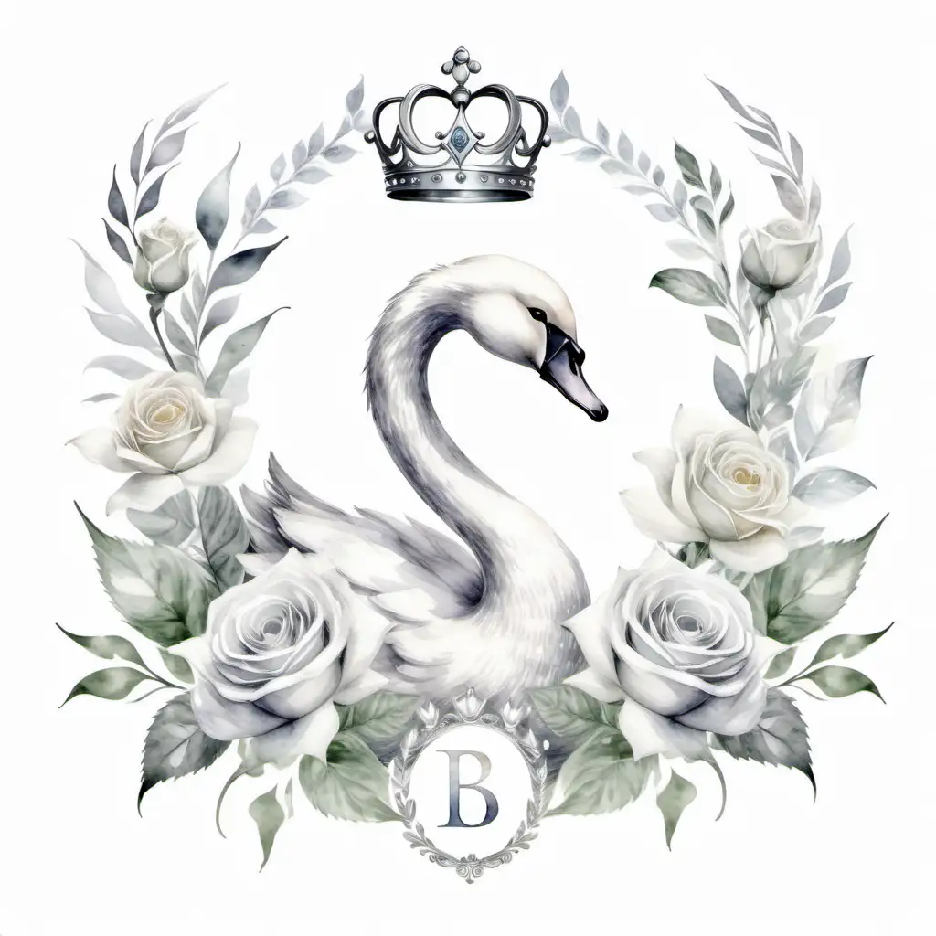 silver watercolor crest design with white roses and  a small white baby swan on either side wearing a silver tiara, letter B, watercolor, light grey and white, isolated on a solid white background