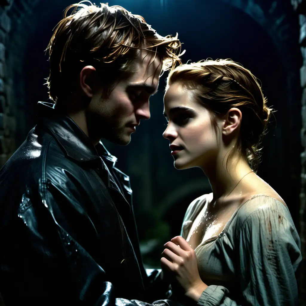 20 year old Emma Watson and Robert Pattinson, a cinematic portrait of a striking young couple, dramatic setting, romantic tension, intense atmosphere, night, dungeon, sexy and wet clothes, dripping hair, --no hands