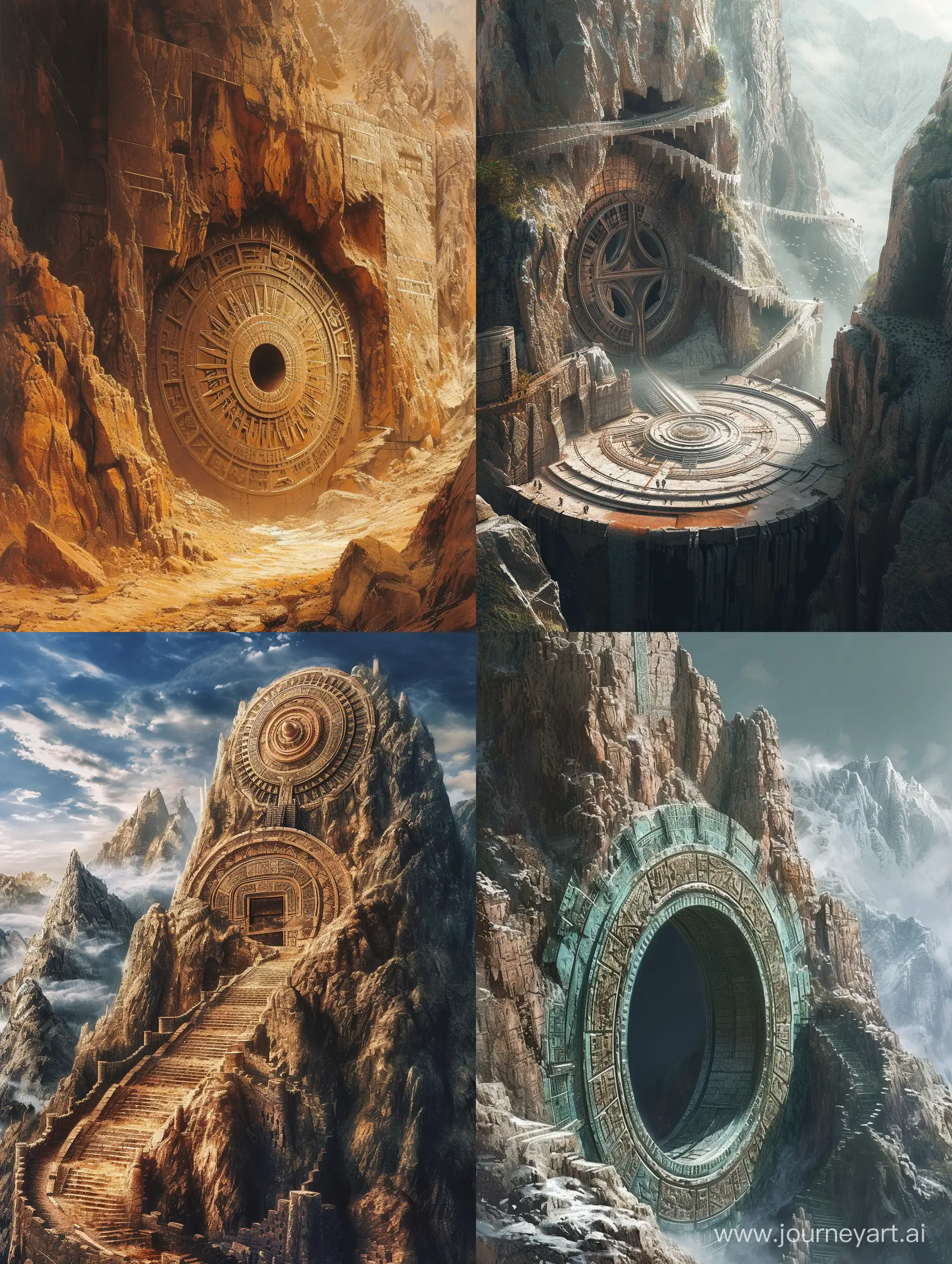 Ancient Stargate in mountain,intricate,incredible detail.