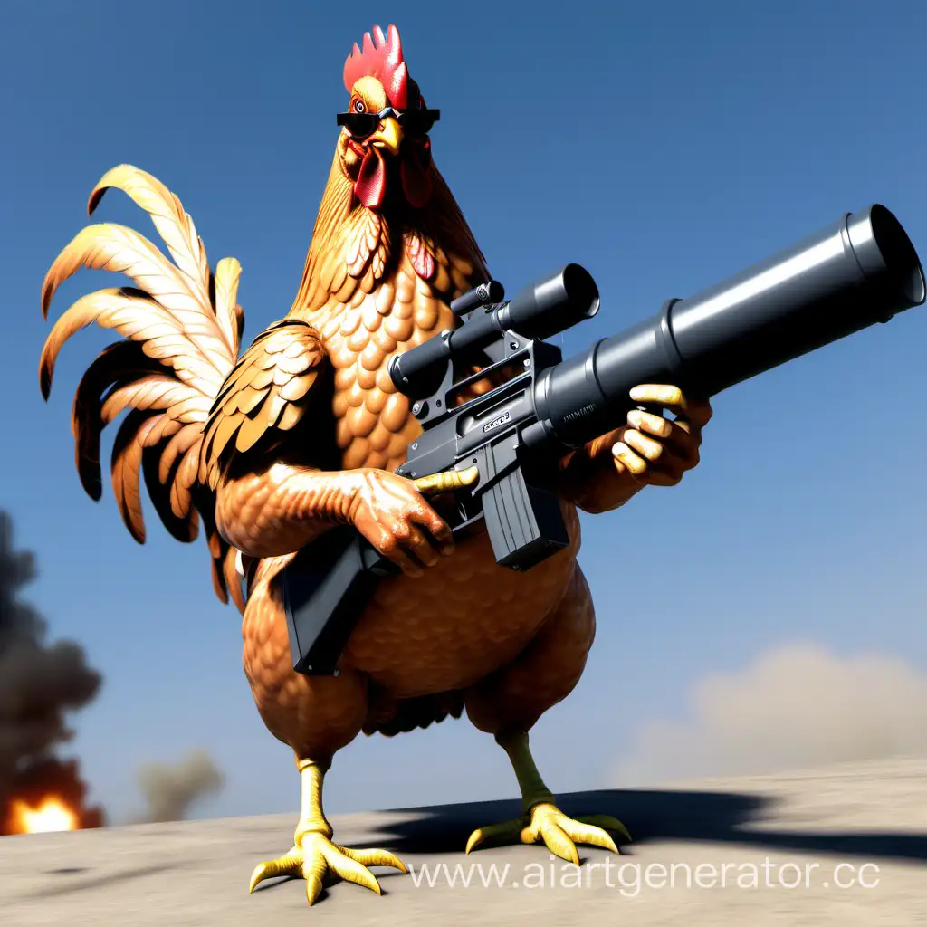 Epic-Chicken-Warrior-Wielding-Minigun-and-Sunglasses-in-2Meter-High-Battle