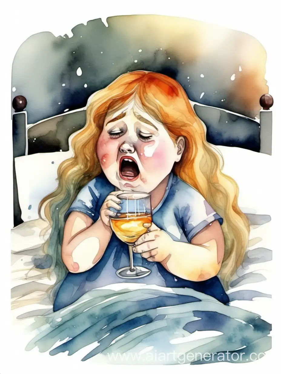 толстая девушка  плачет со стаканом в руках на кровати, акварель, цветное изображение на белом фоне