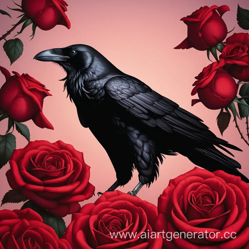 Ворона на фоне красных роз